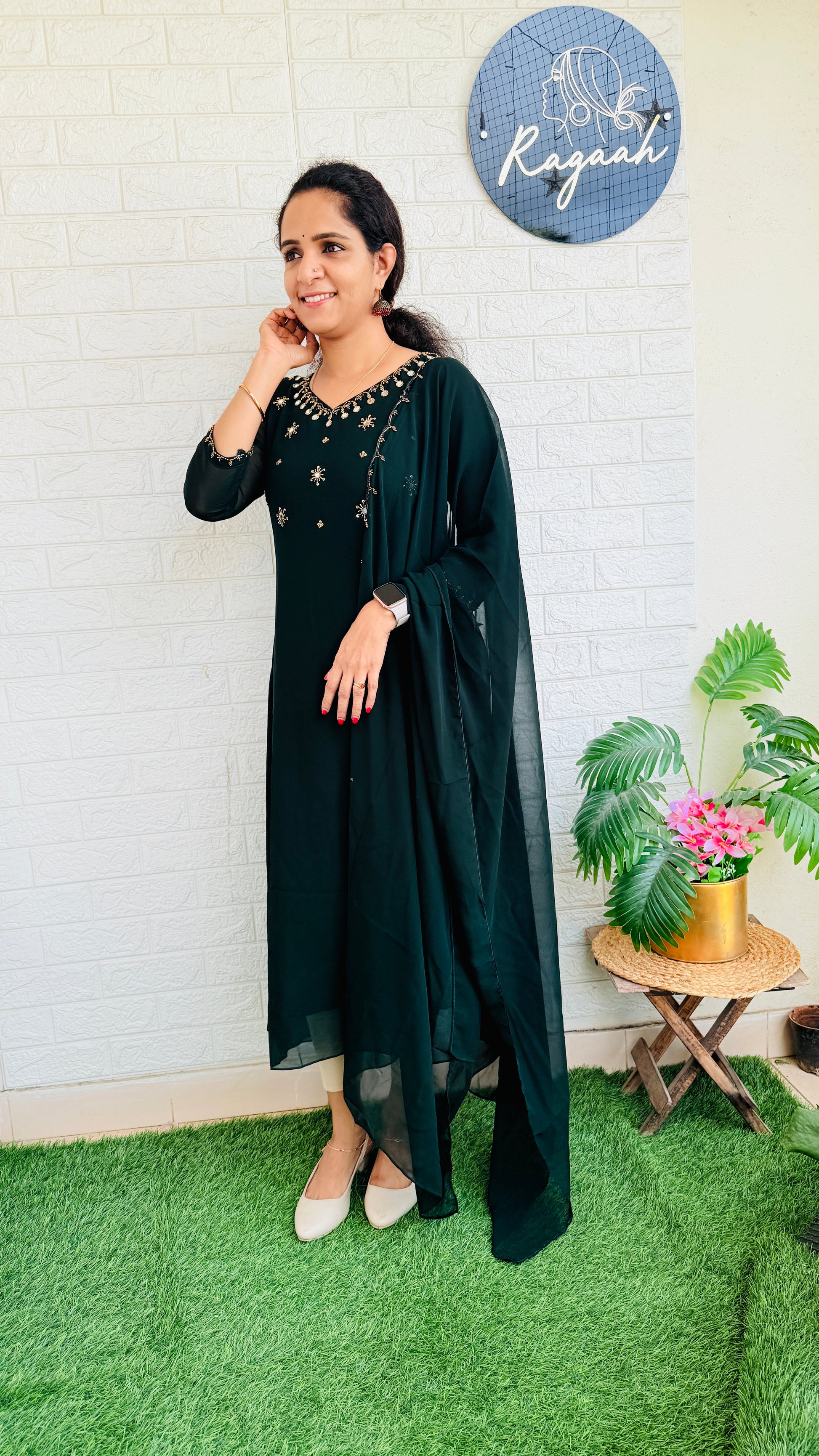 Heavy HandWork Aline Kurti + Dupatta RG762 Green