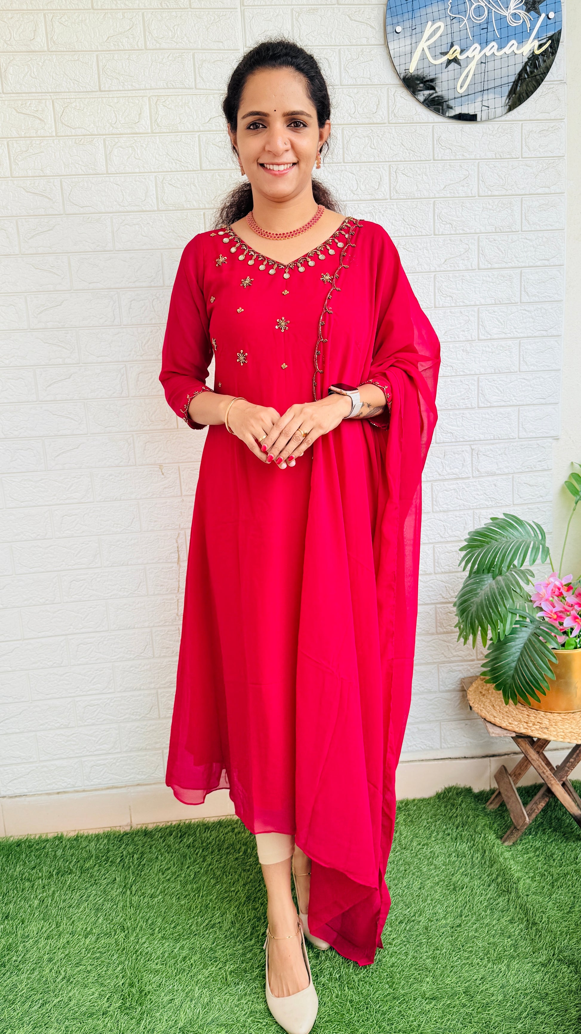 Heavy HandWork Aline Kurti + Dupatta RG762 Rani Pink