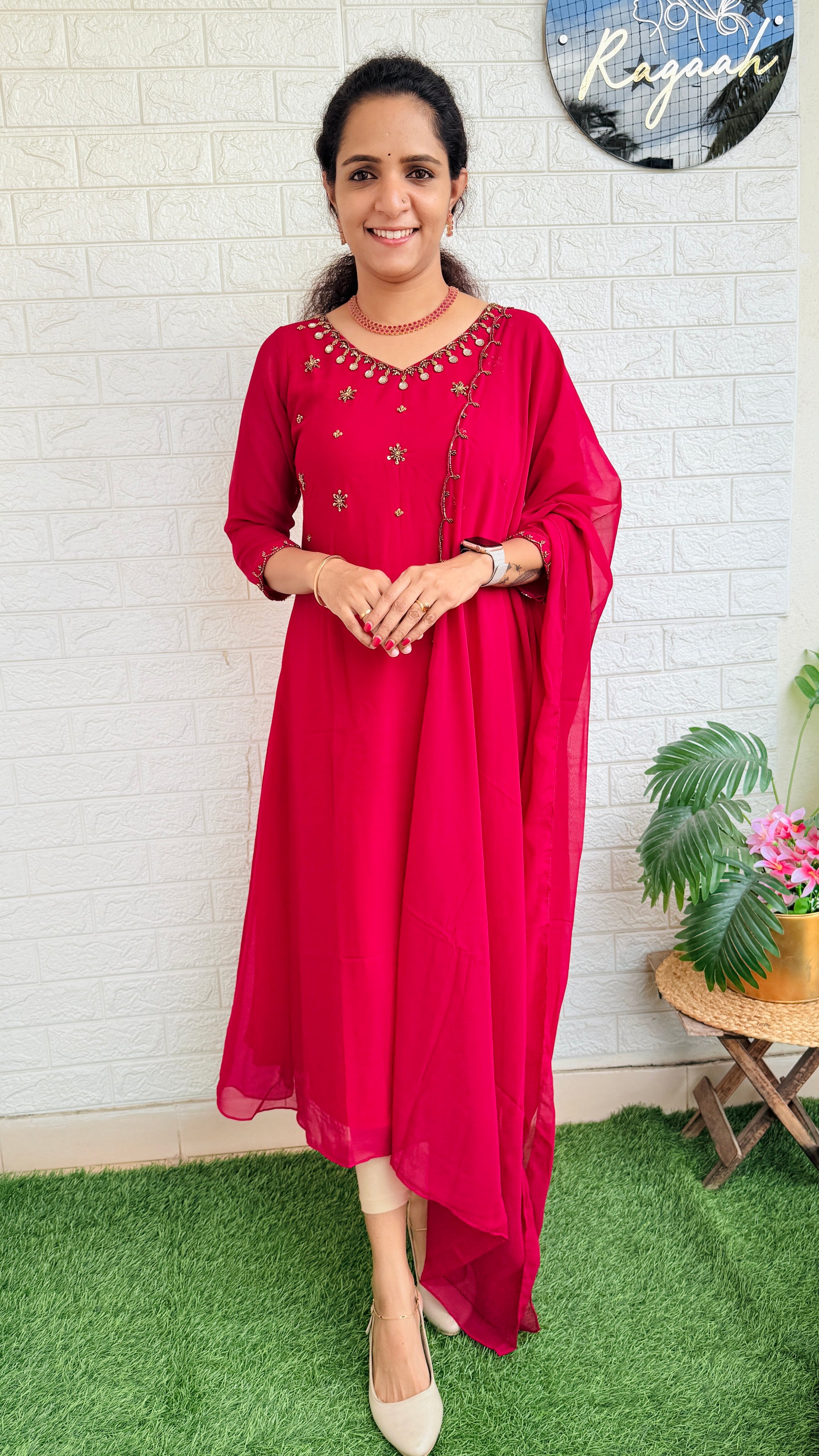 Heavy HandWork Aline Kurti + Dupatta RG762 Rani Pink