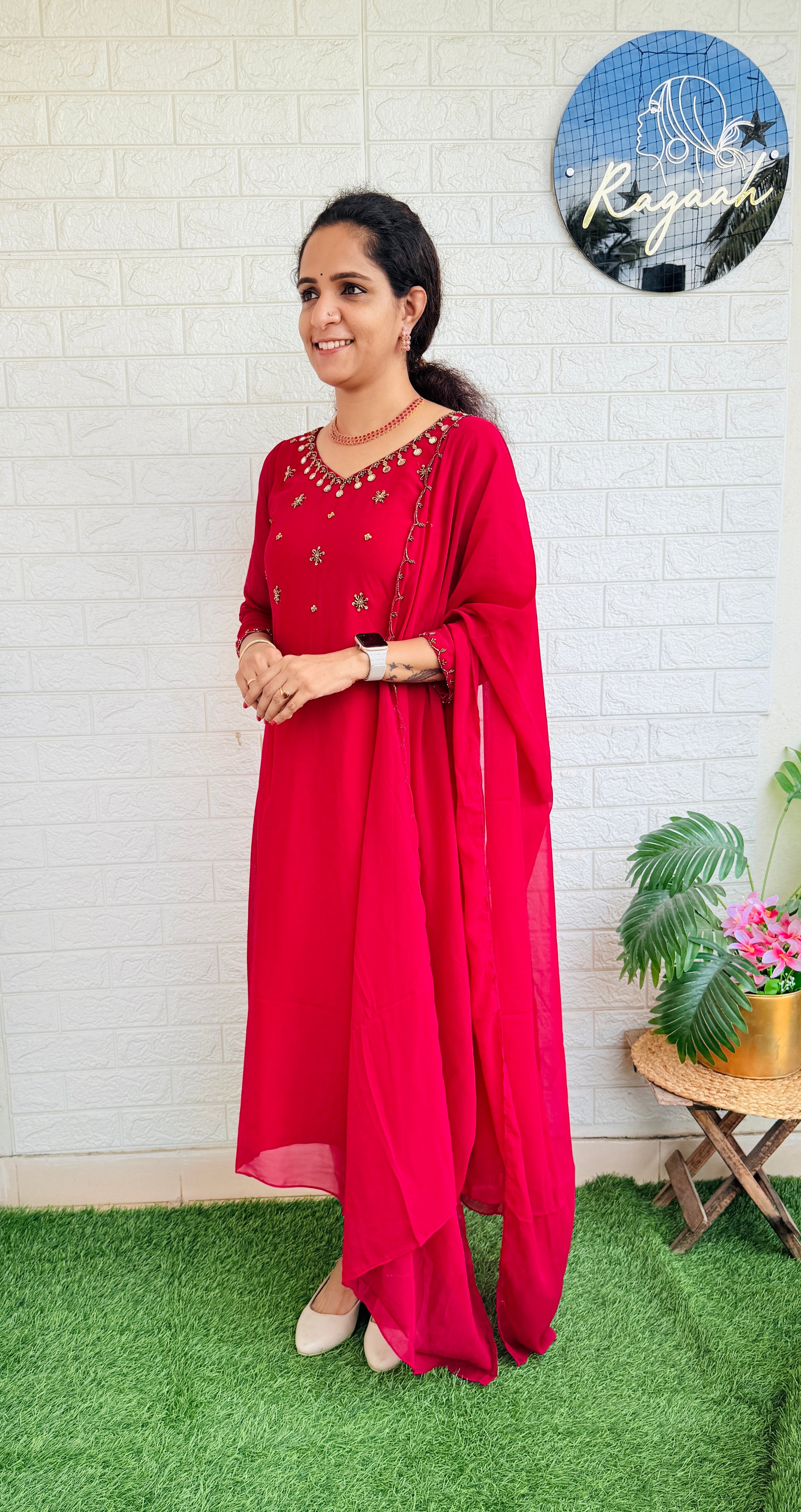 Heavy HandWork Aline Kurti + Dupatta RG762 Rani Pink
