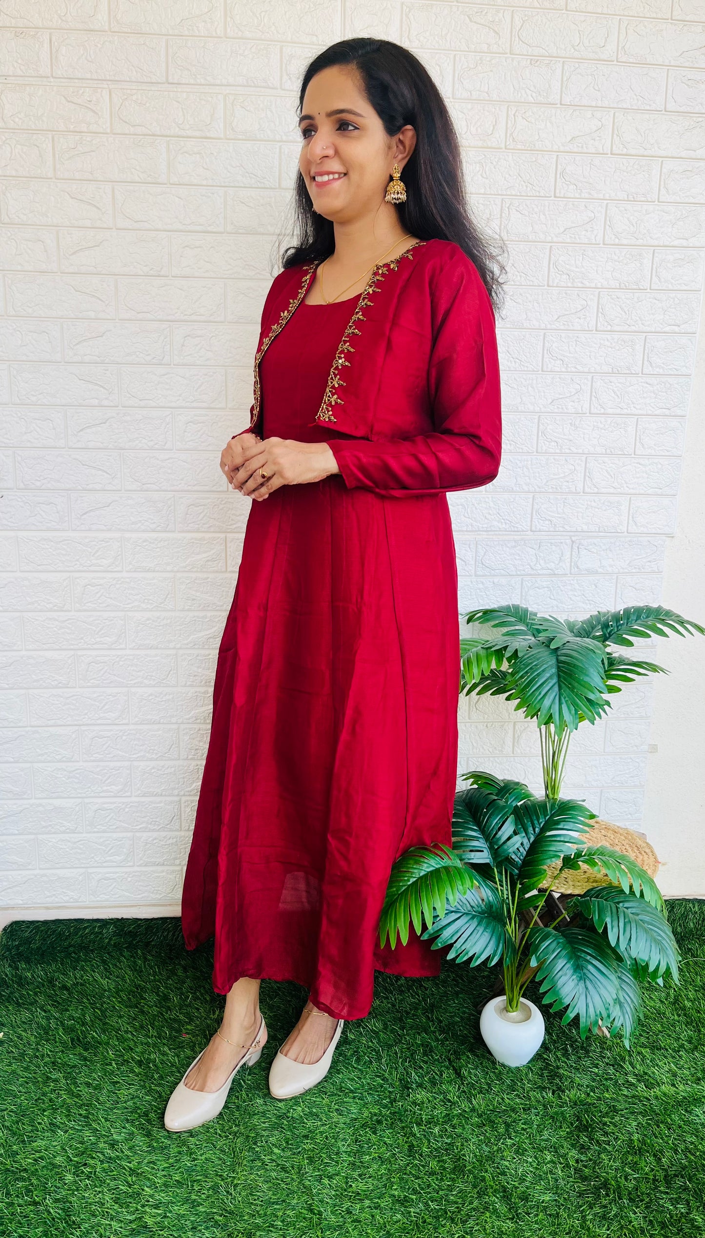 Removable jacket aline kurti with handwork dark red RG521