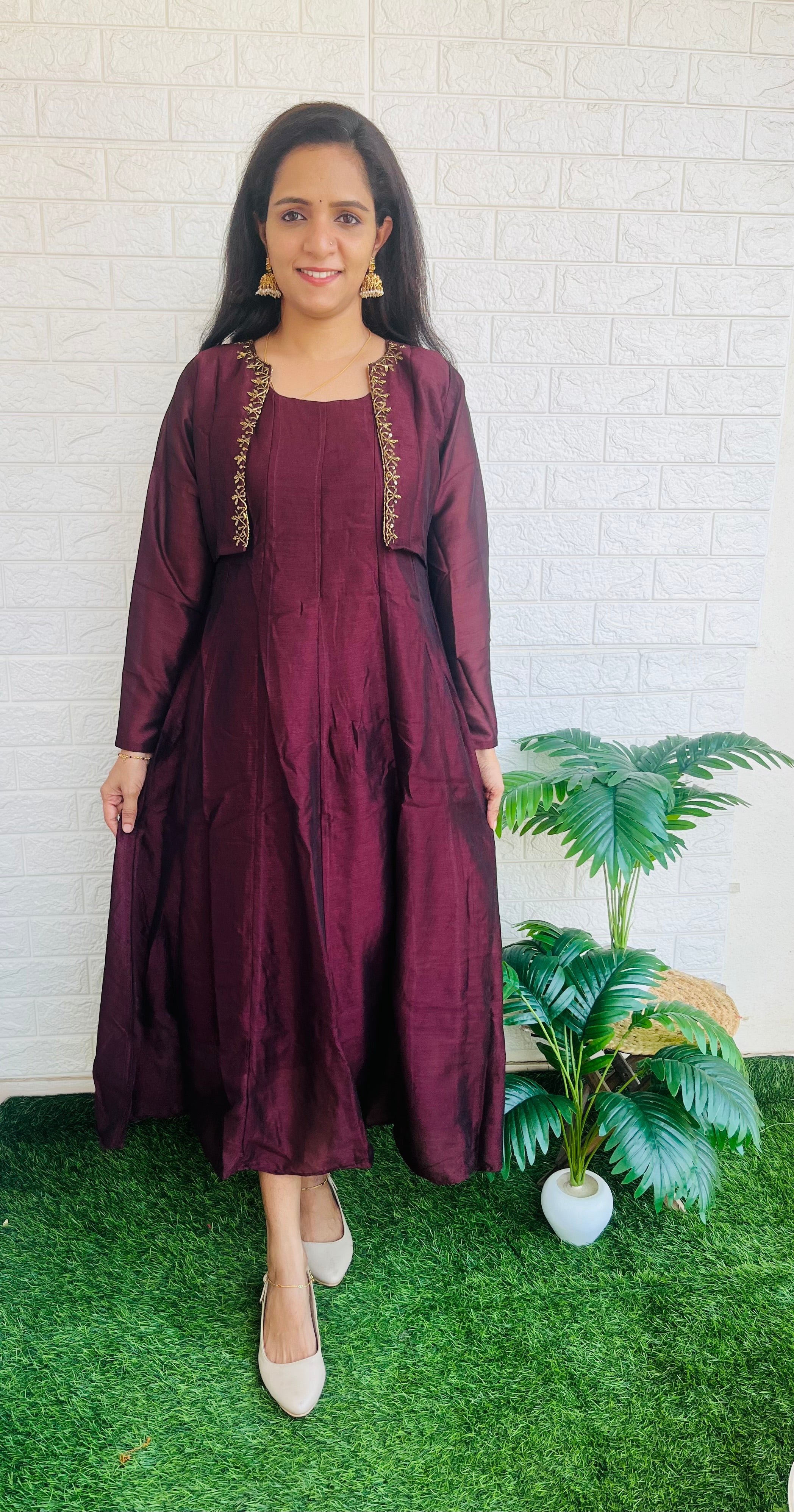 Removable jacket aline kurti with handwork brown RG521