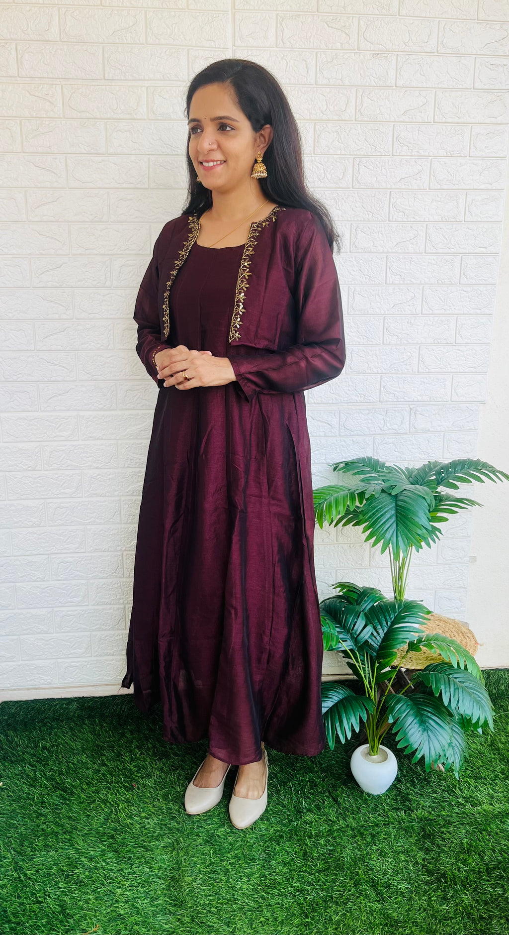 Removable jacket aline kurti with handwork brown RG521