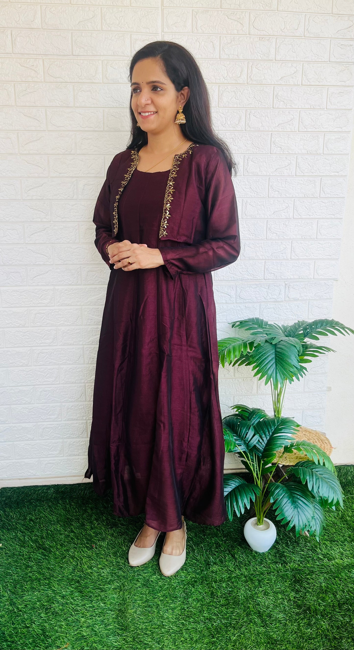 Removable jacket aline kurti with handwork brown RG521