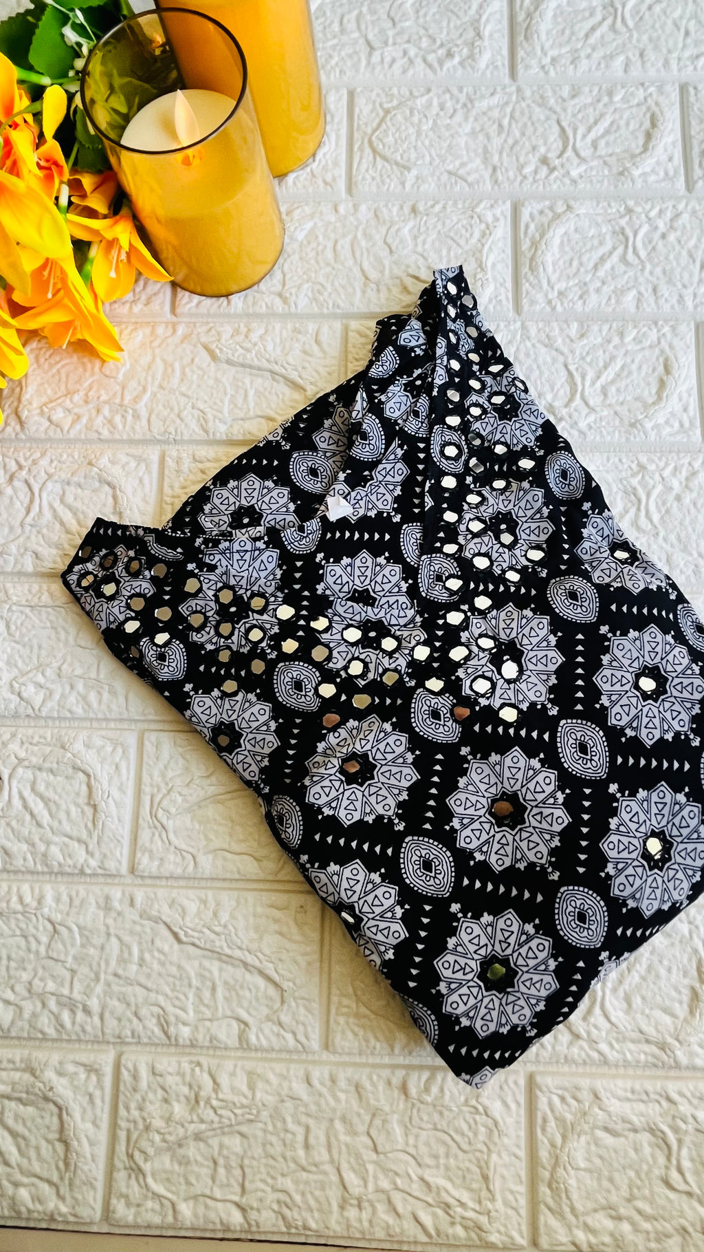 Beautiful floral frock with puff sleeves with mirror work Black RG710