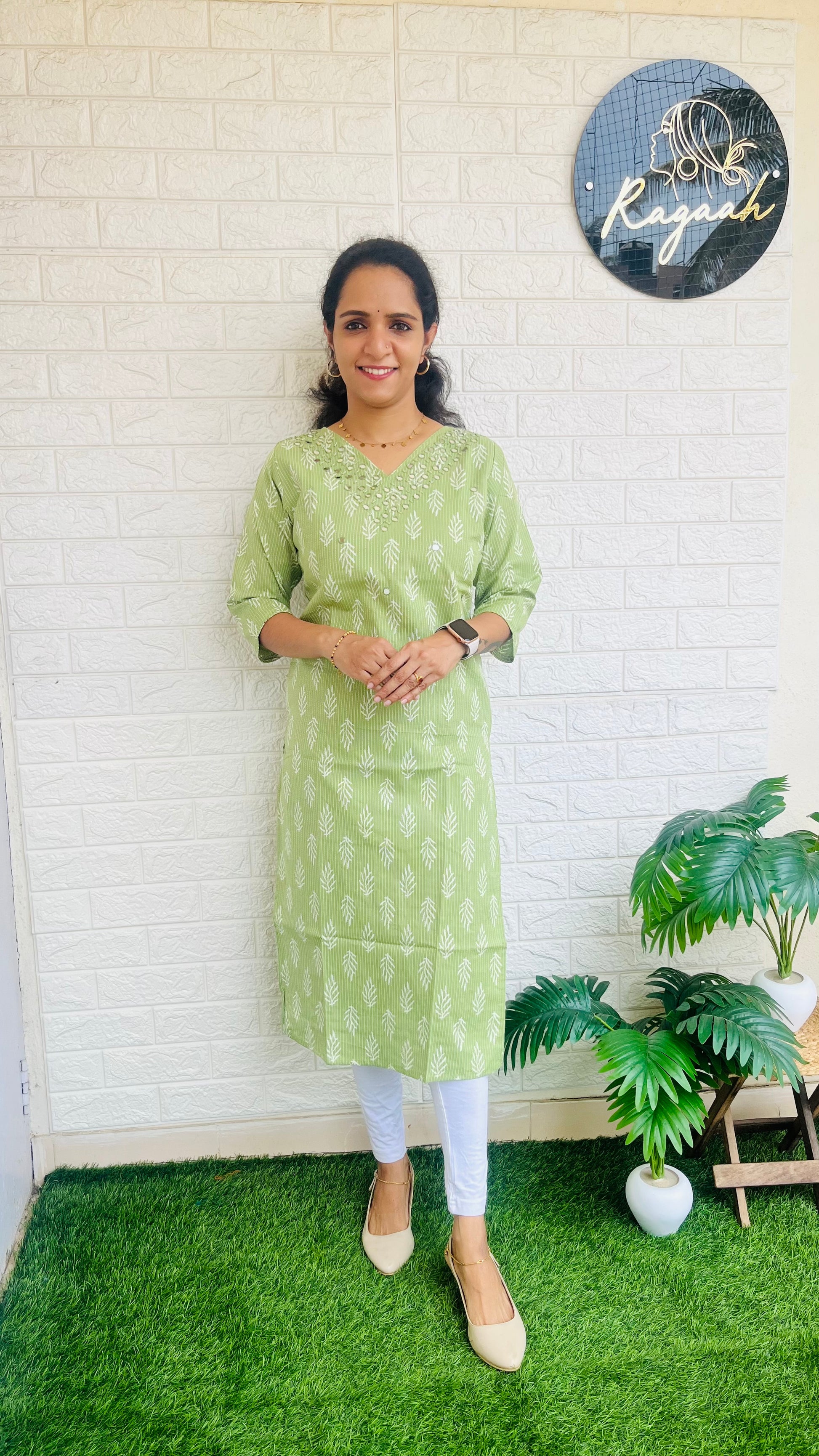 Kantha cotton V Neck Slitted Kurti Green RG713