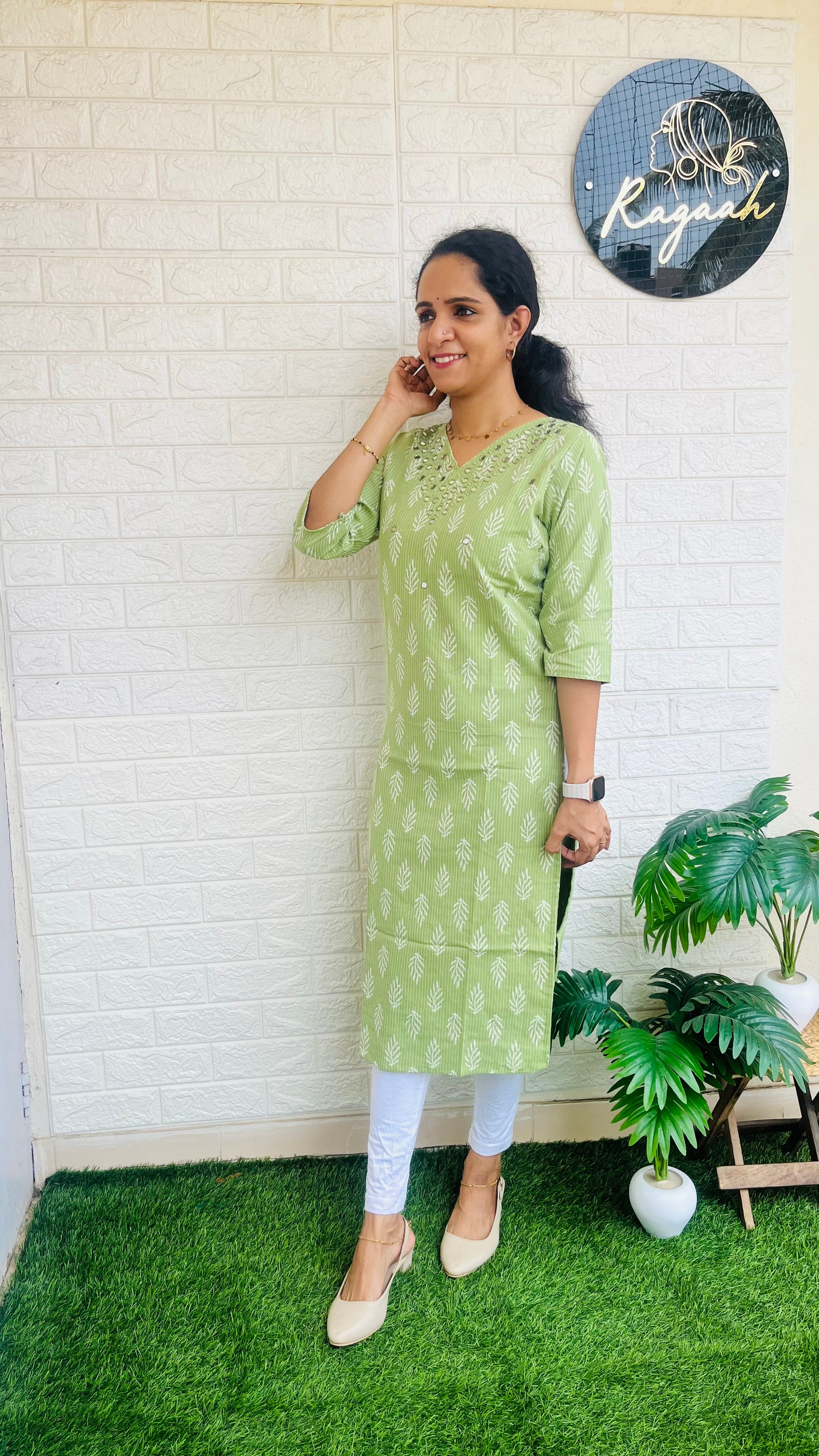Kantha cotton V Neck Slitted Kurti Green RG713