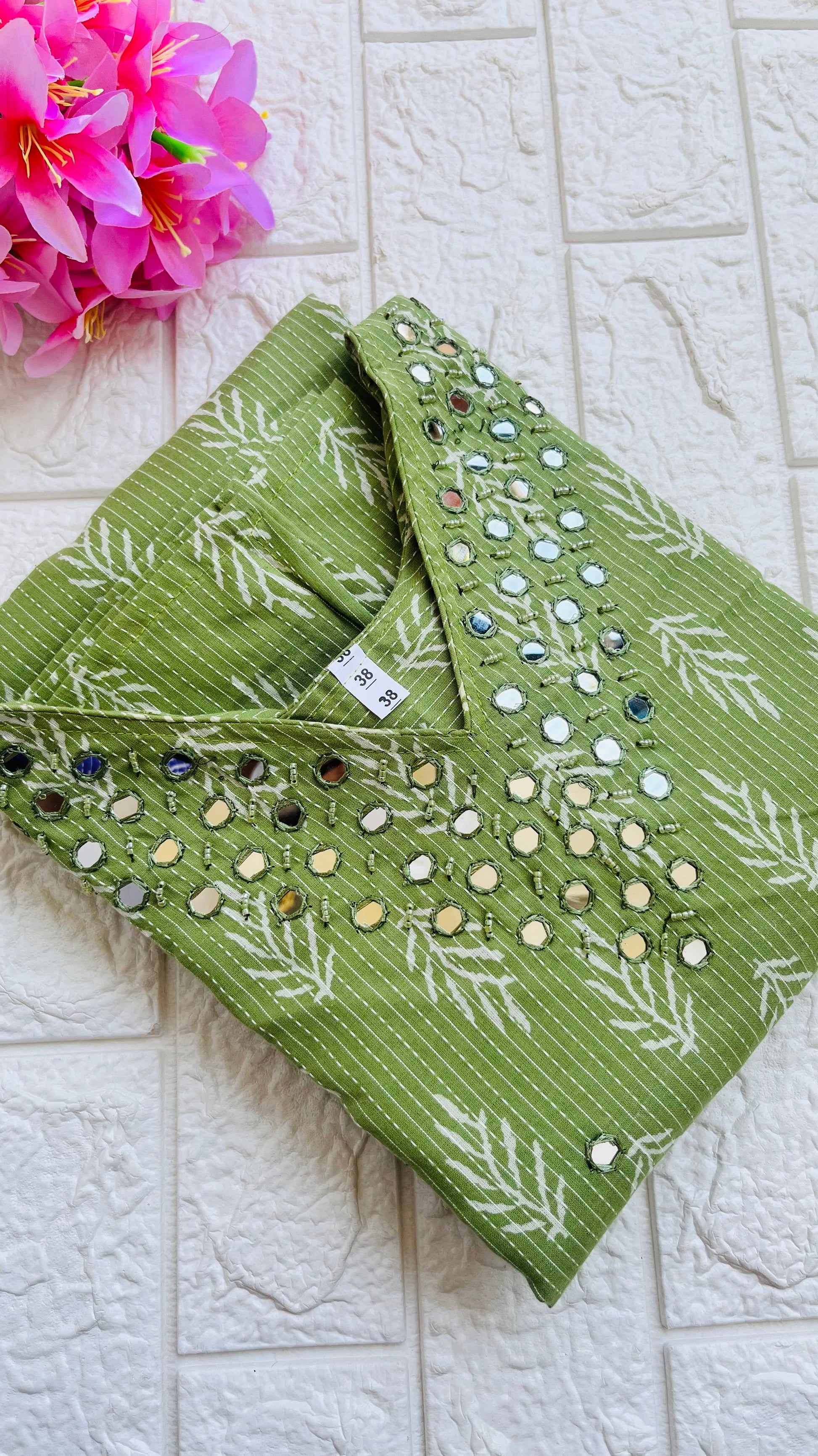 Kantha cotton V Neck Slitted Kurti Green RG713