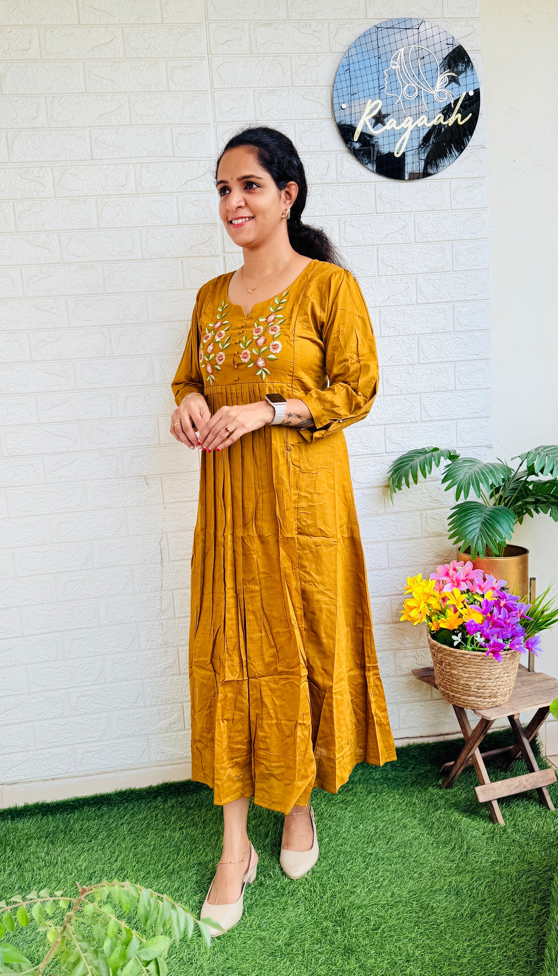 Mul Cotton Aline Kurti Dress Mustard Yellow RG779