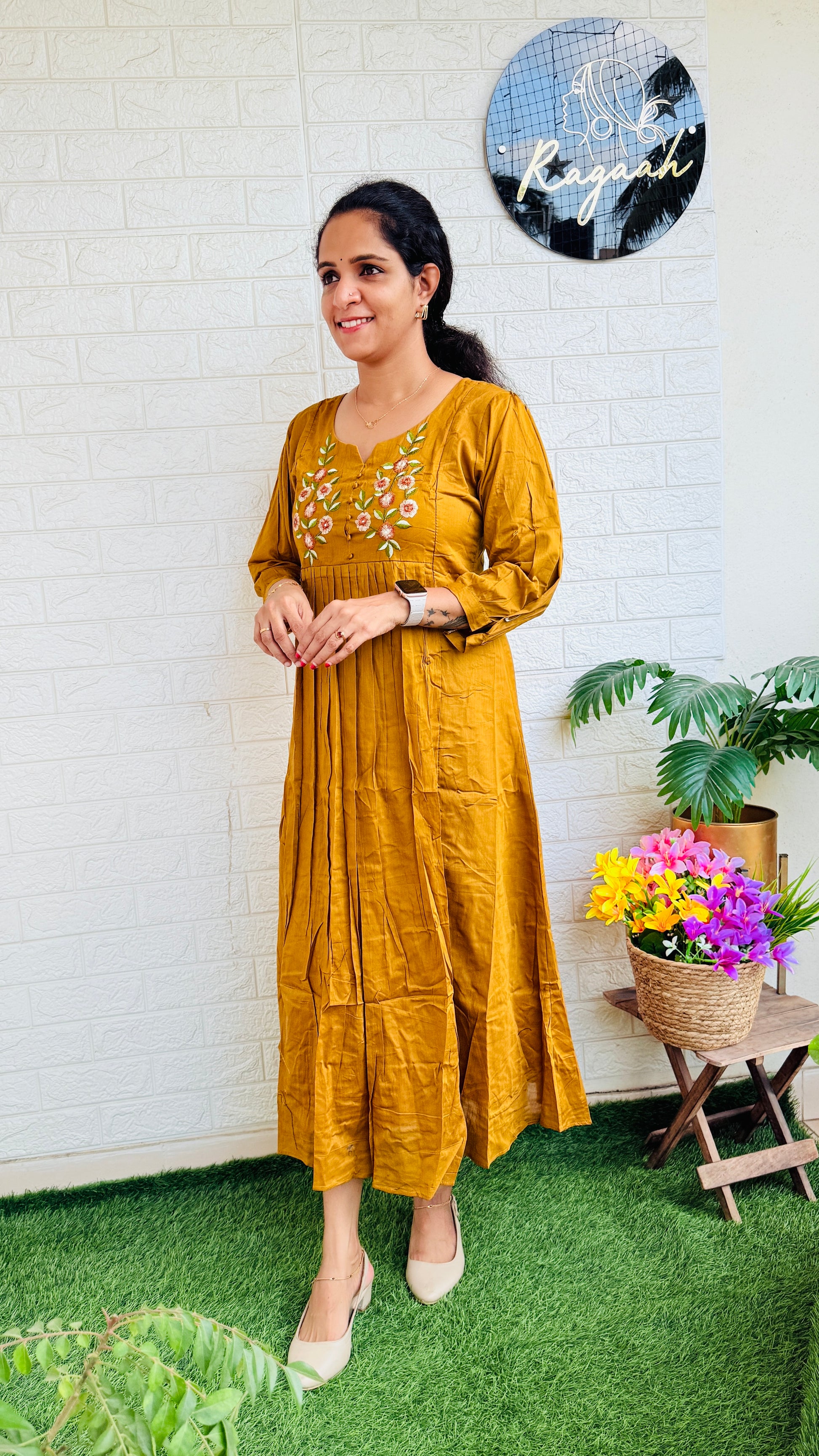 Mul Cotton Aline Kurti Dress Mustard Yellow RG779