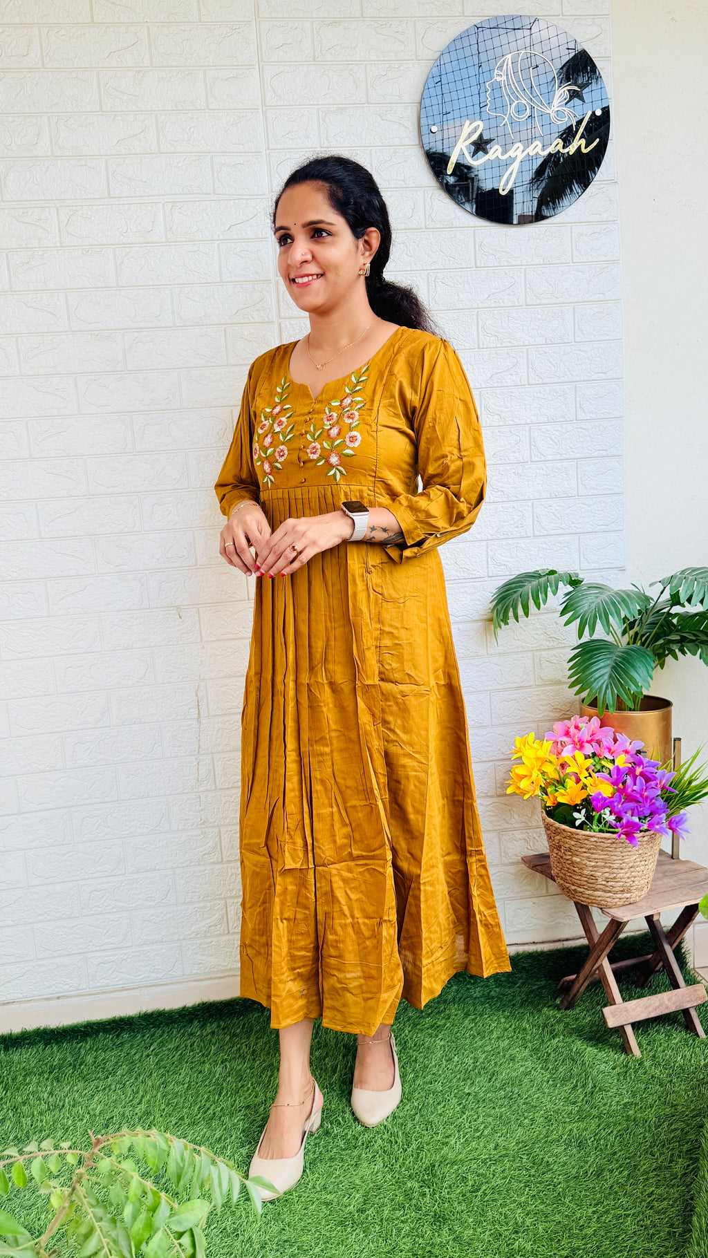 Mul Cotton Aline Kurti Dress Mustard Yellow RG779