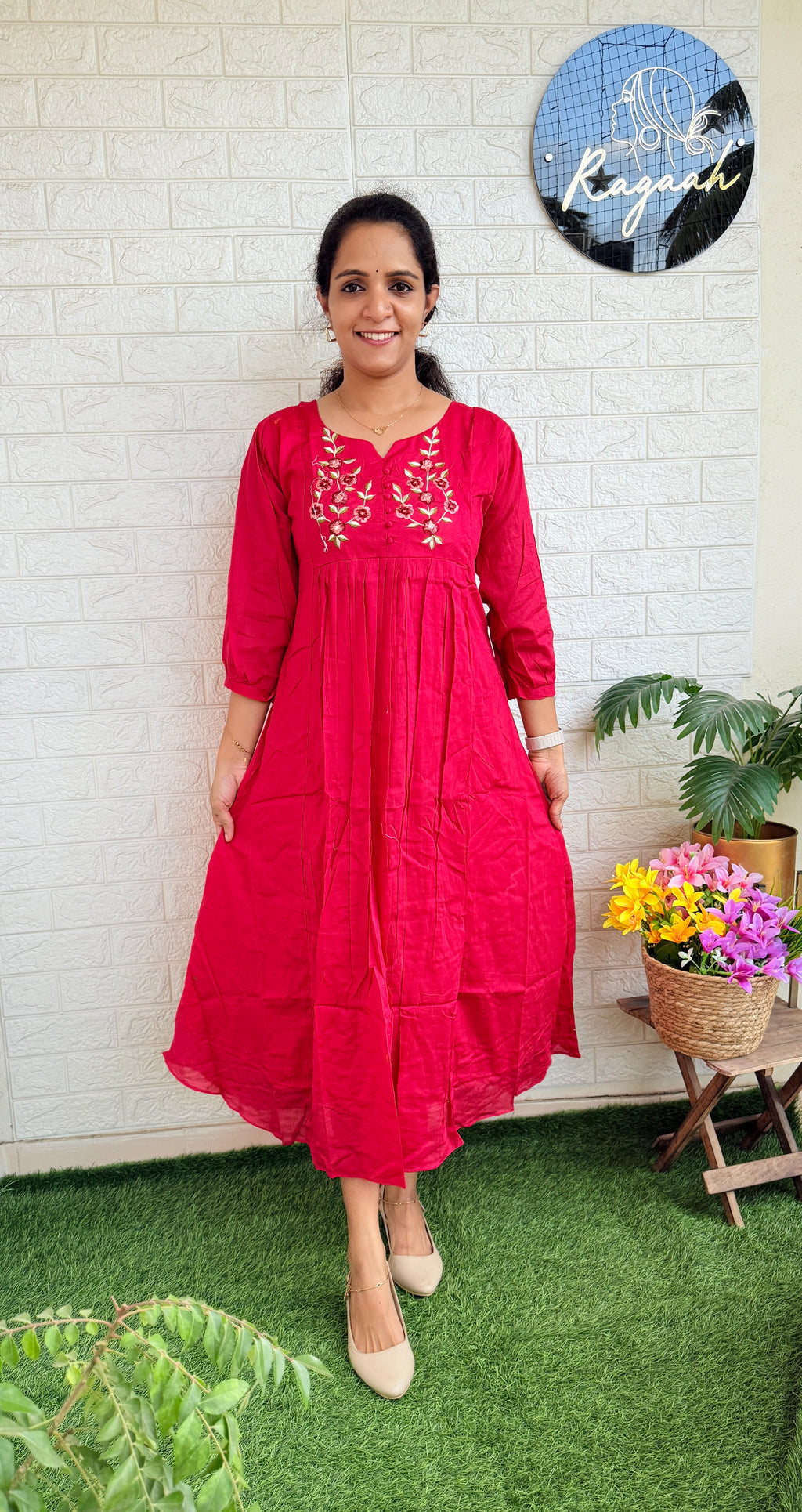 Mul Cotton Aline Kurti Dress Red RG779
