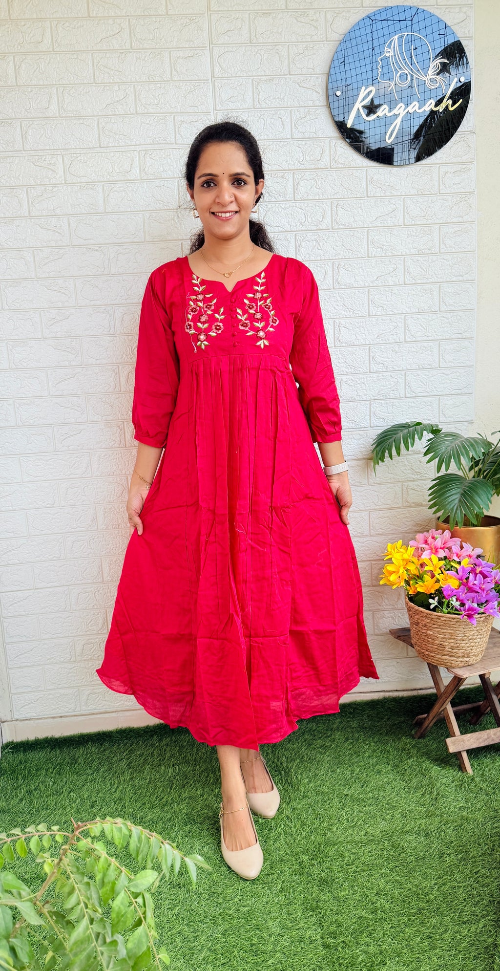 Mul Cotton Aline Kurti Dress Red RG779
