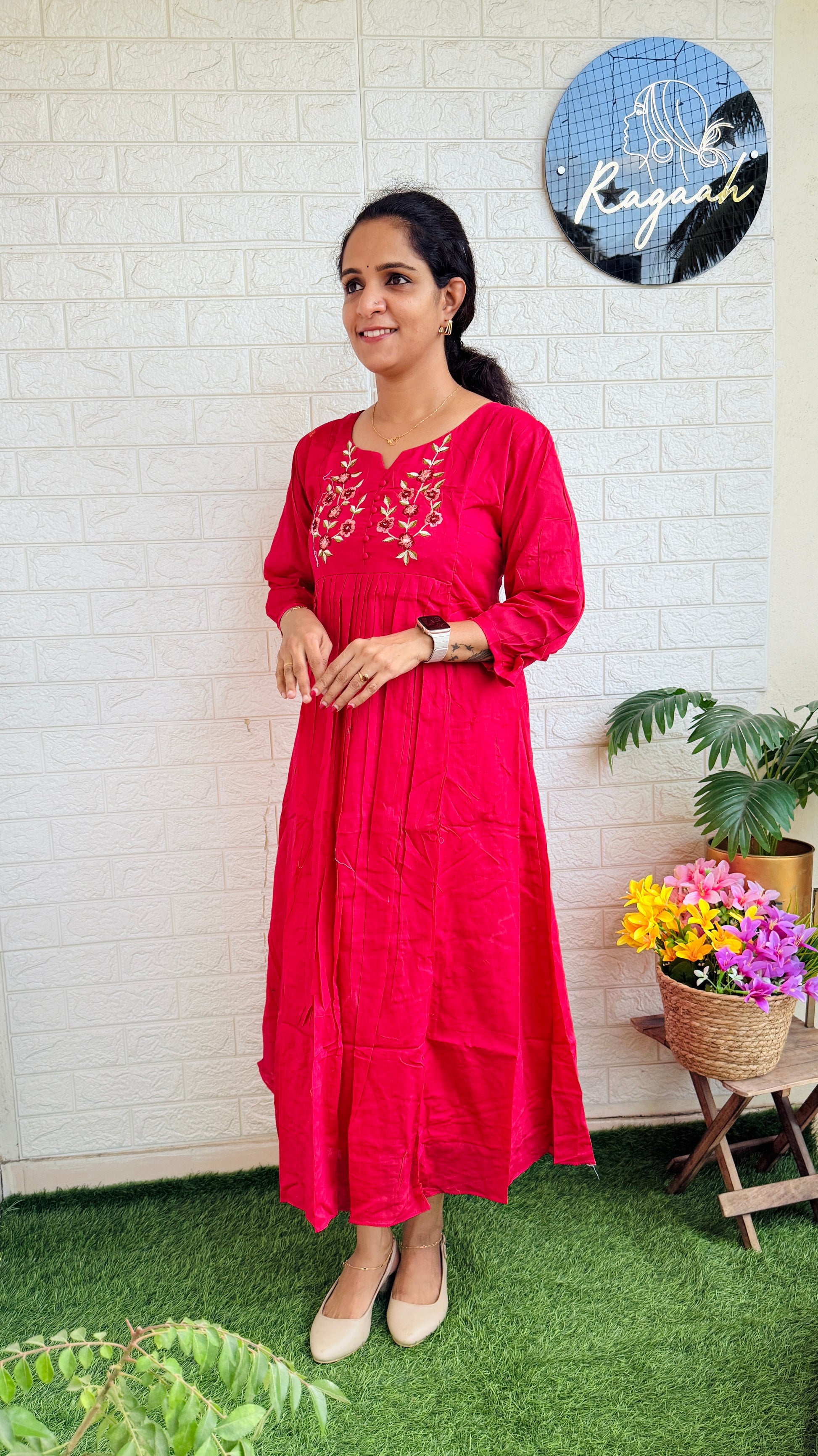 Mul Cotton Aline Kurti Dress Red RG779