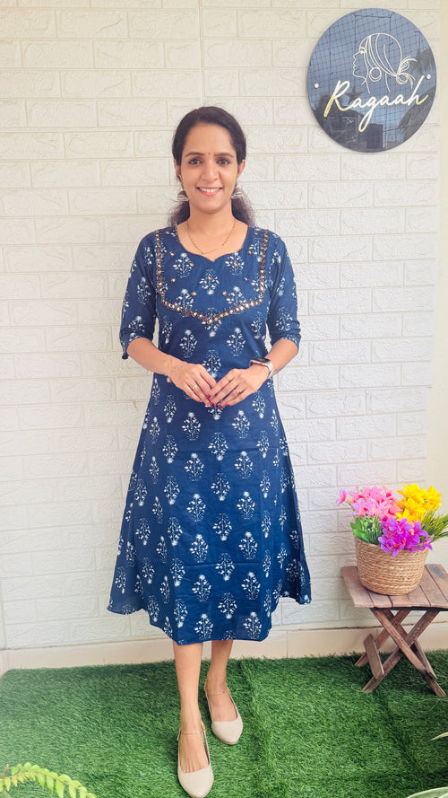 Ajrakh Handwork Aline Kurti  RG813 Indigo