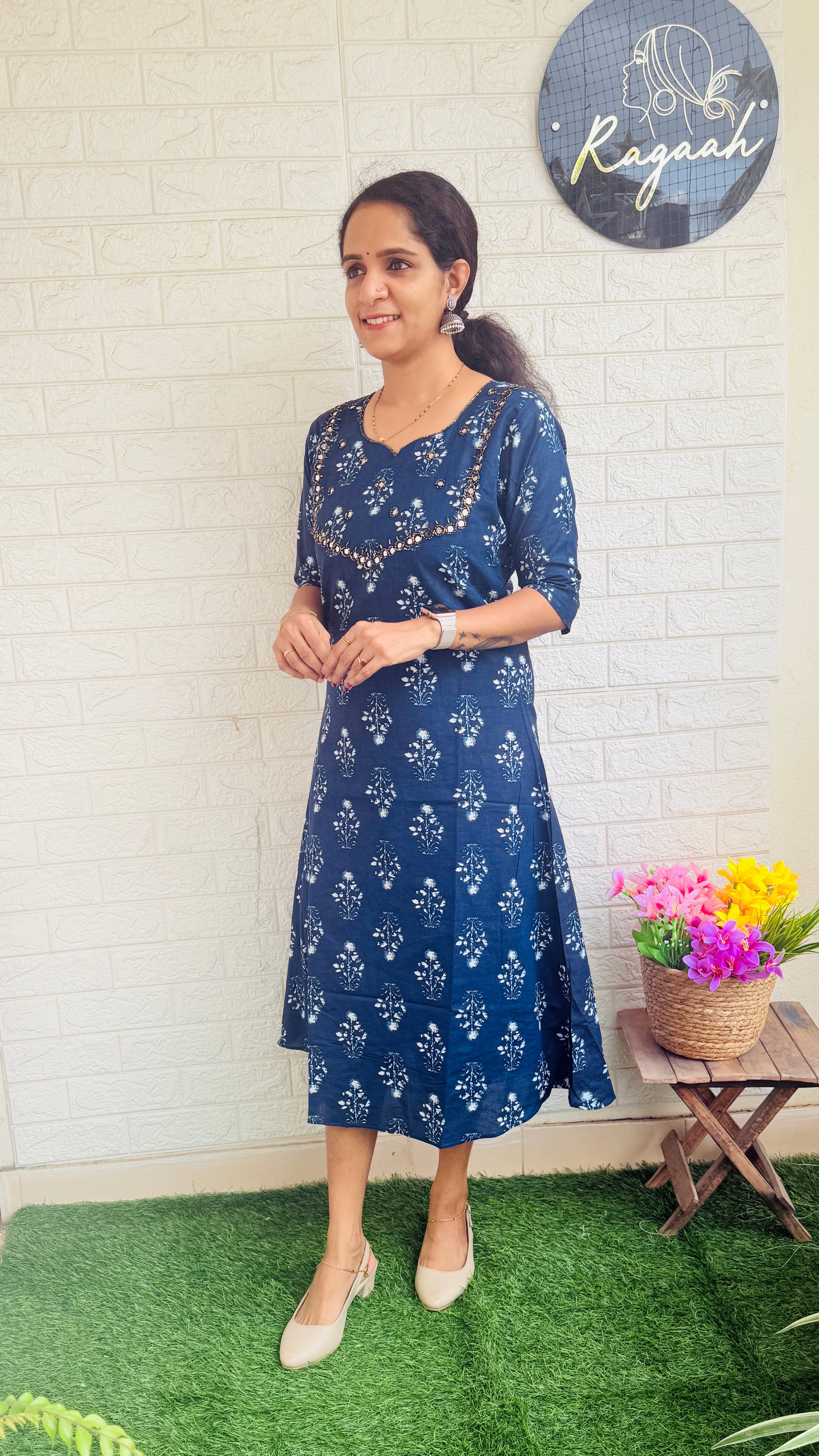 Ajrakh Handwork Aline Kurti  RG813 Indigo
