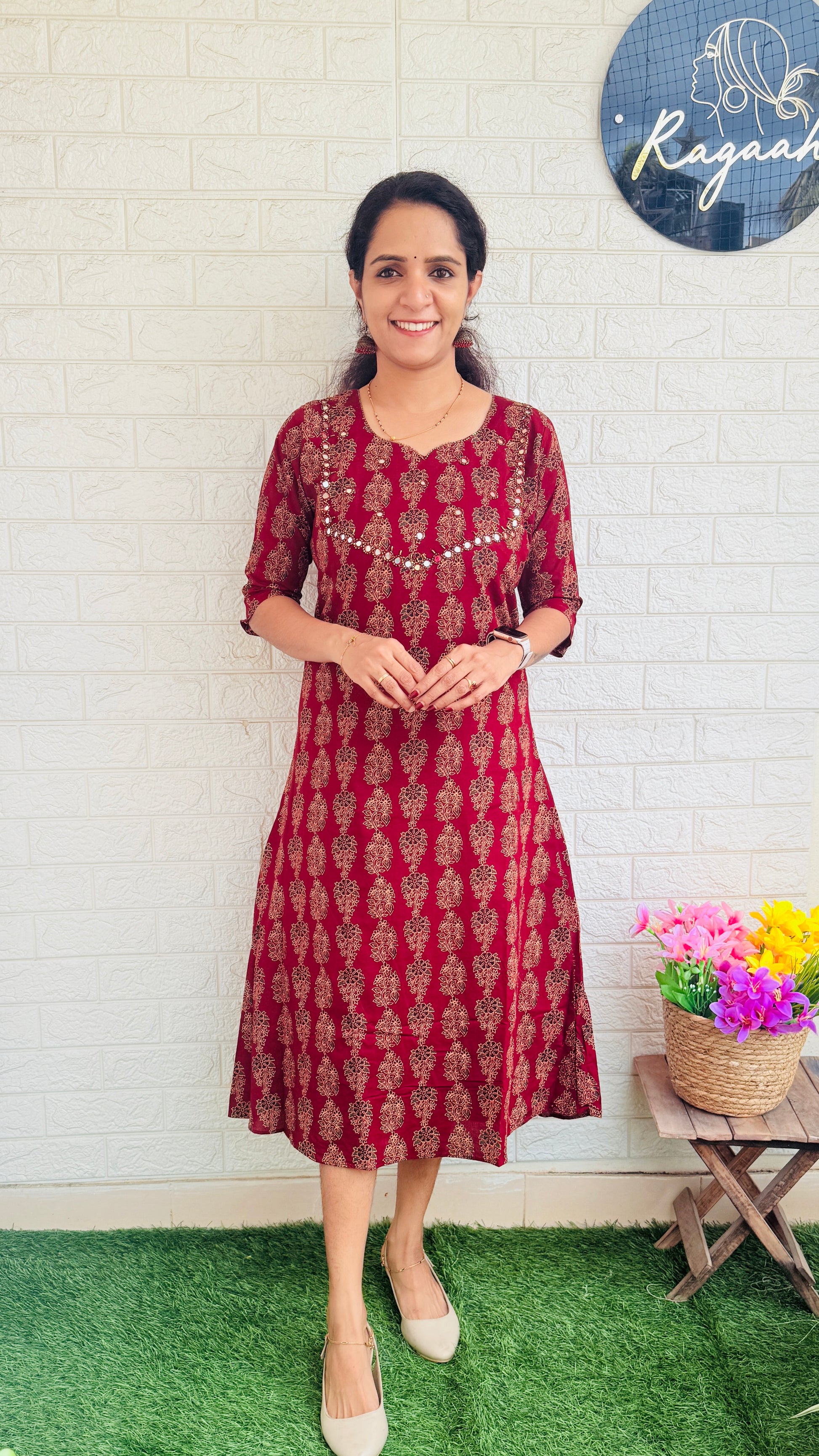 Ajrakh Handwork Aline Kurti  RG814 Maroon