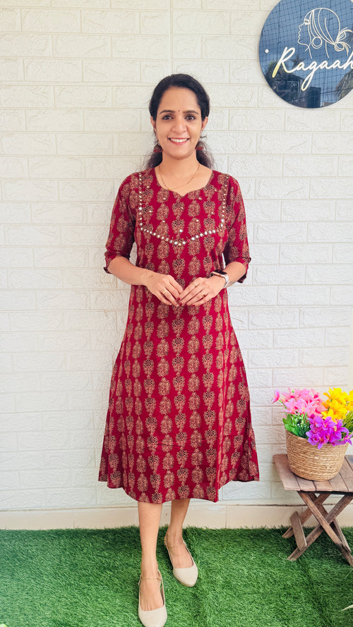 Ajrakh Handwork Aline Kurti  RG814 Maroon