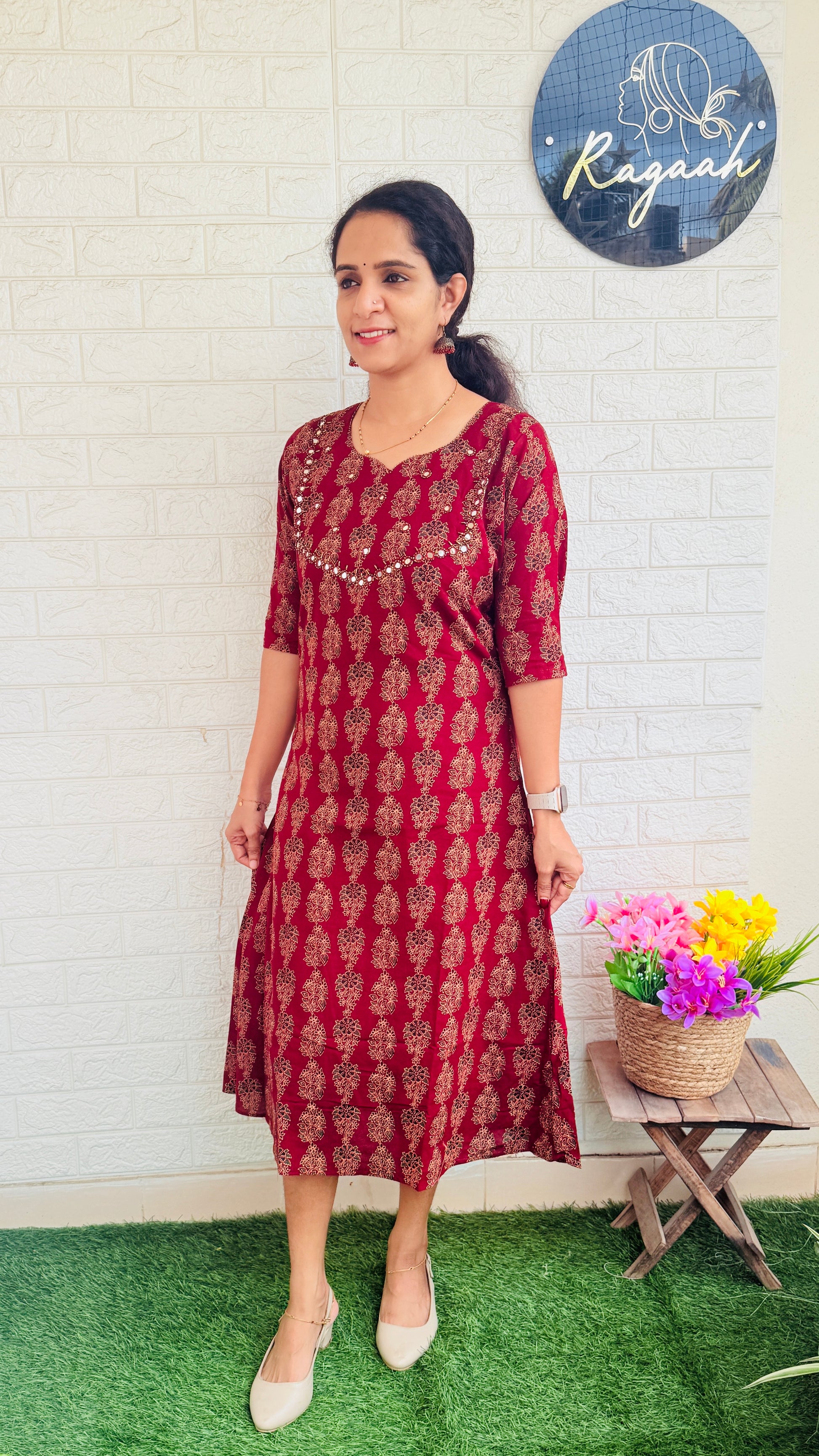 Ajrakh Handwork Aline Kurti  RG814 Maroon