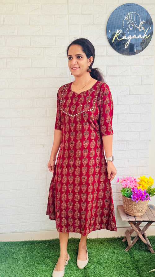 Ajrakh Handwork Aline Kurti  RG814 Maroon