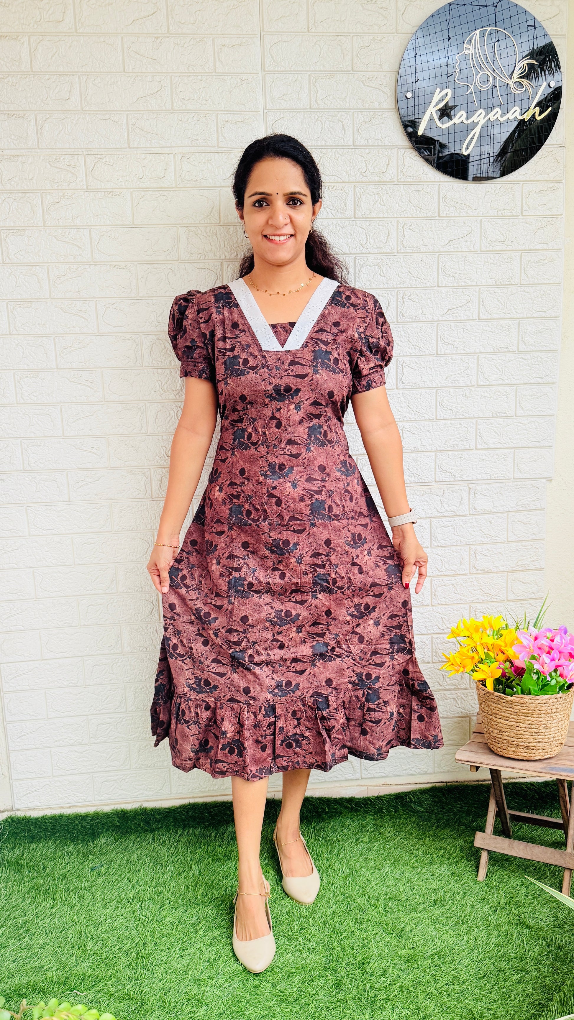 Cotton Frock with Hakoba Detailing RG816 Brown