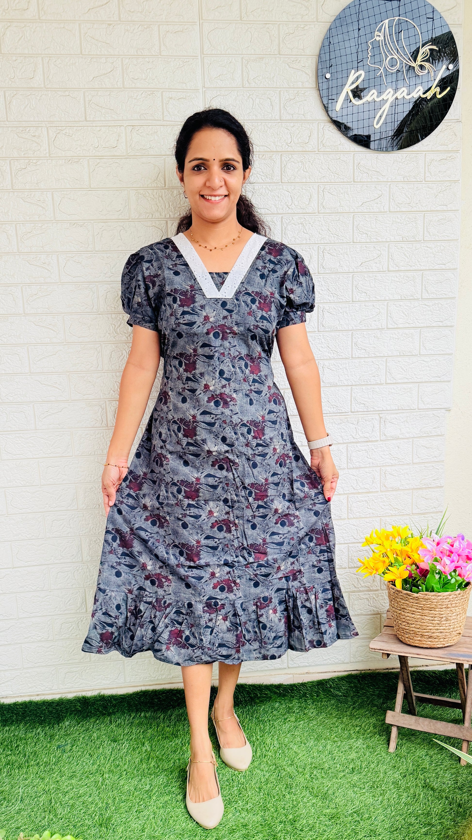 Cotton Frock with Hakoba Detailing RG817 Ash Blue