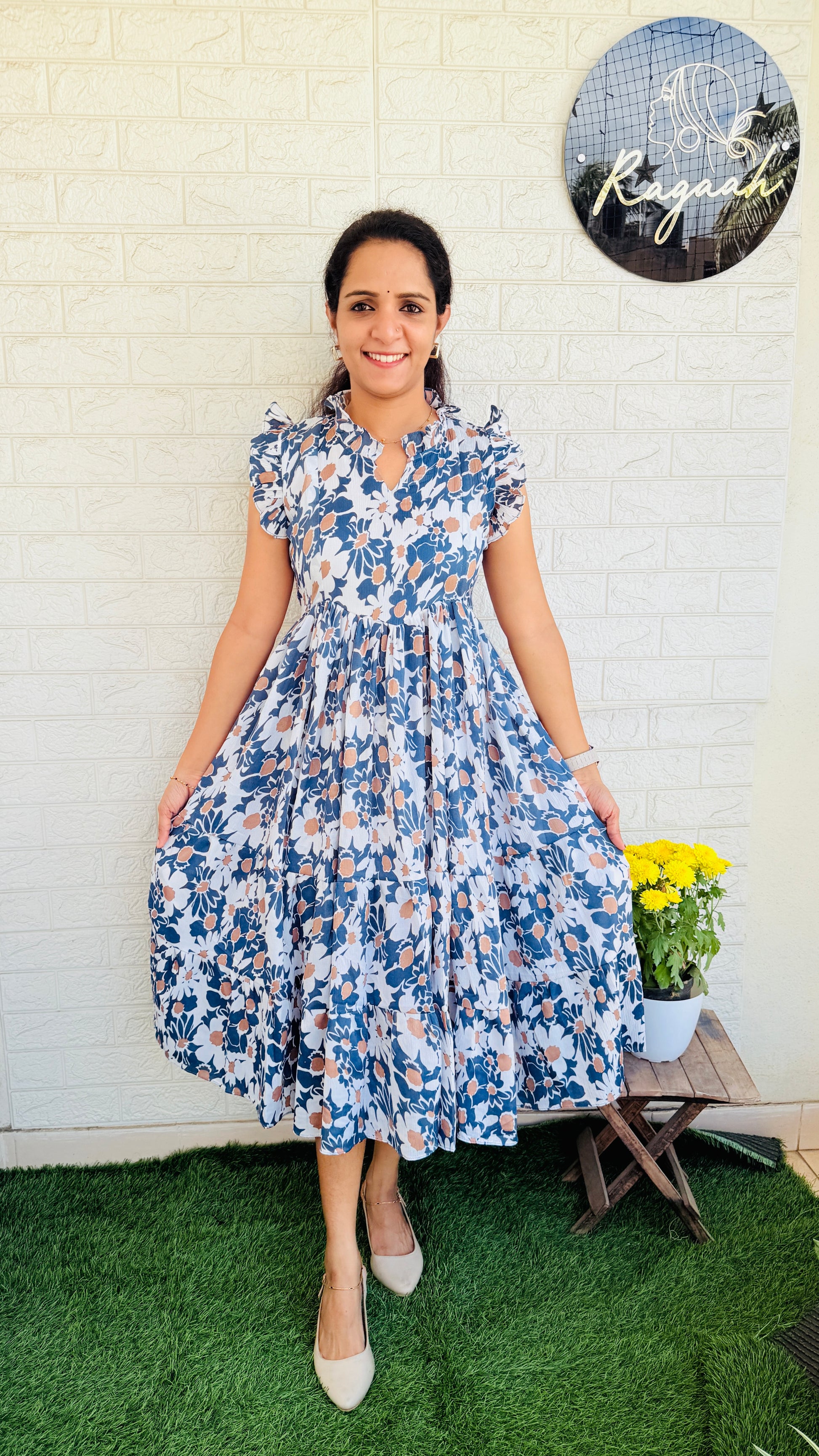 Imported Delta Fabric Tiered Frock RG826 Greyish Blue