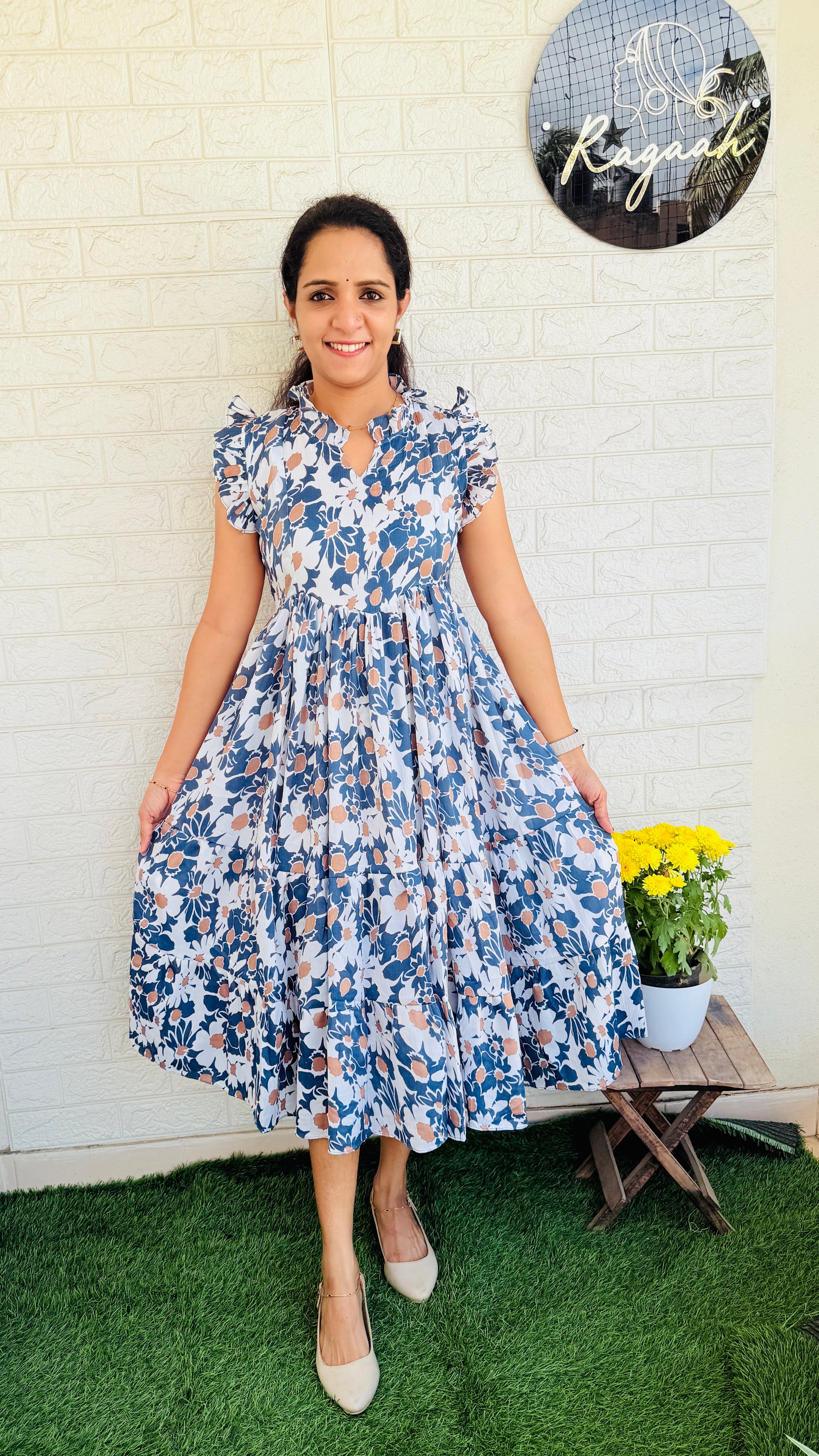 Imported Delta Fabric Tiered Frock RG826 Greyish Blue