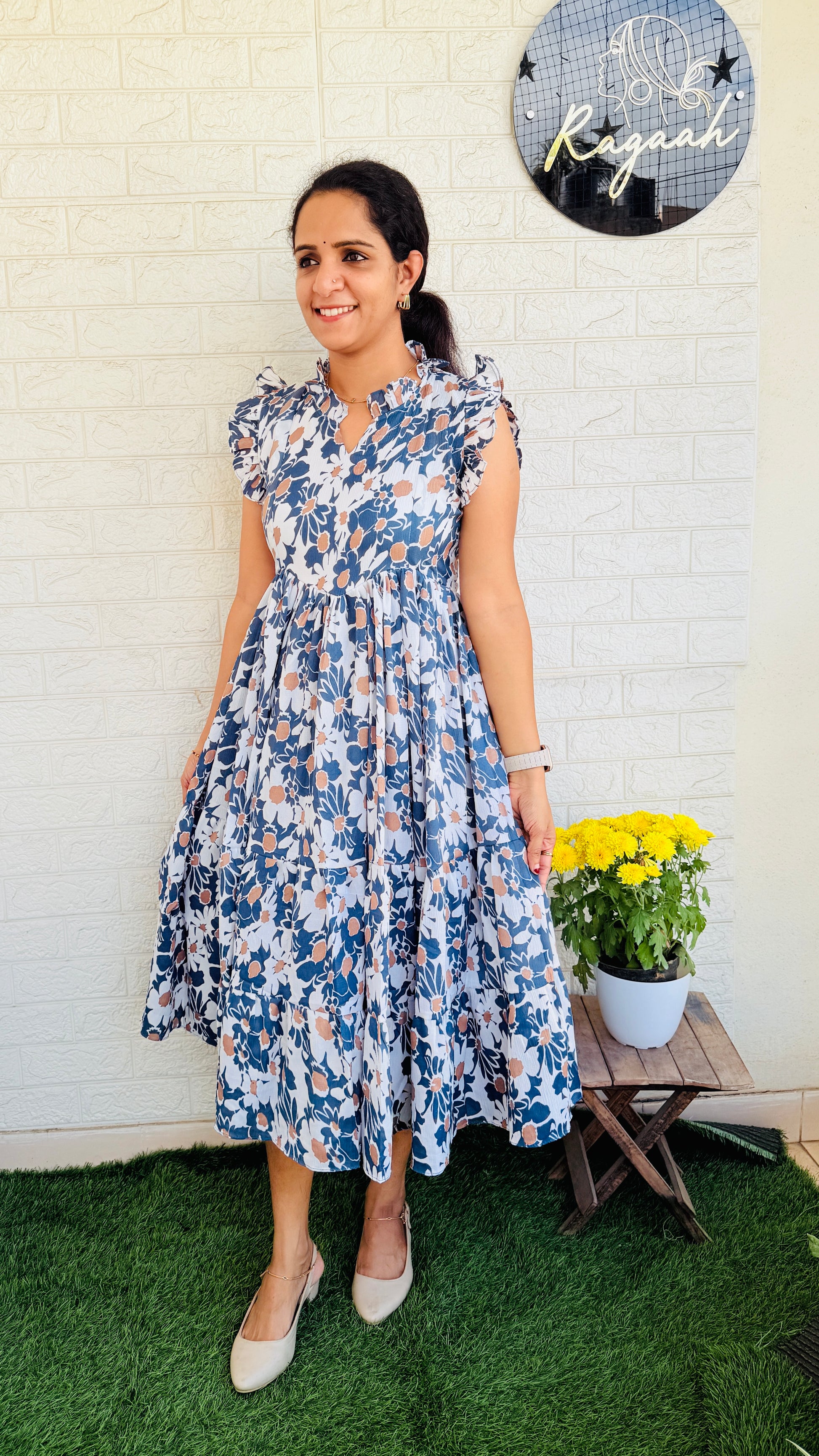 Imported Delta Fabric Tiered Frock RG826 Greyish Blue