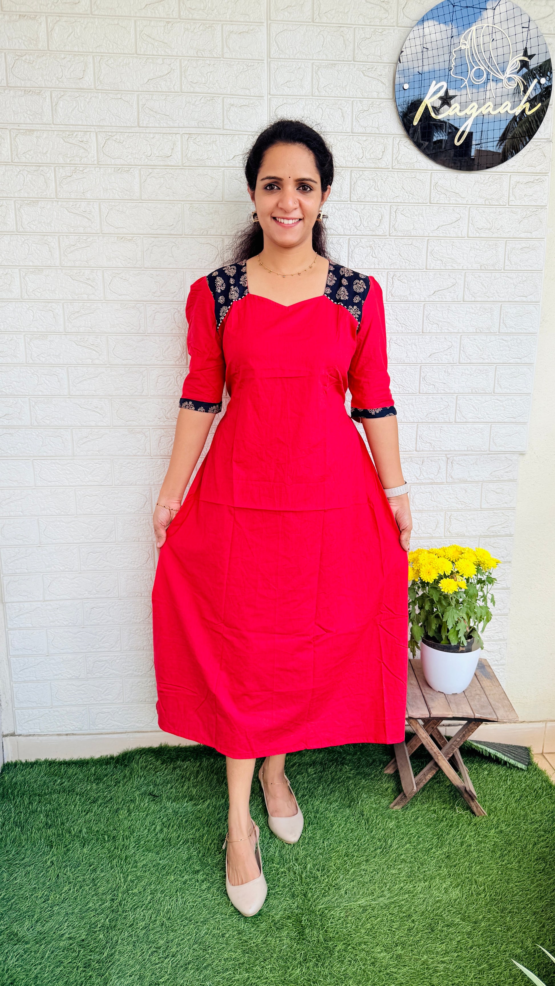 Cotton Ajrakh Patch Frock RG832 Pink