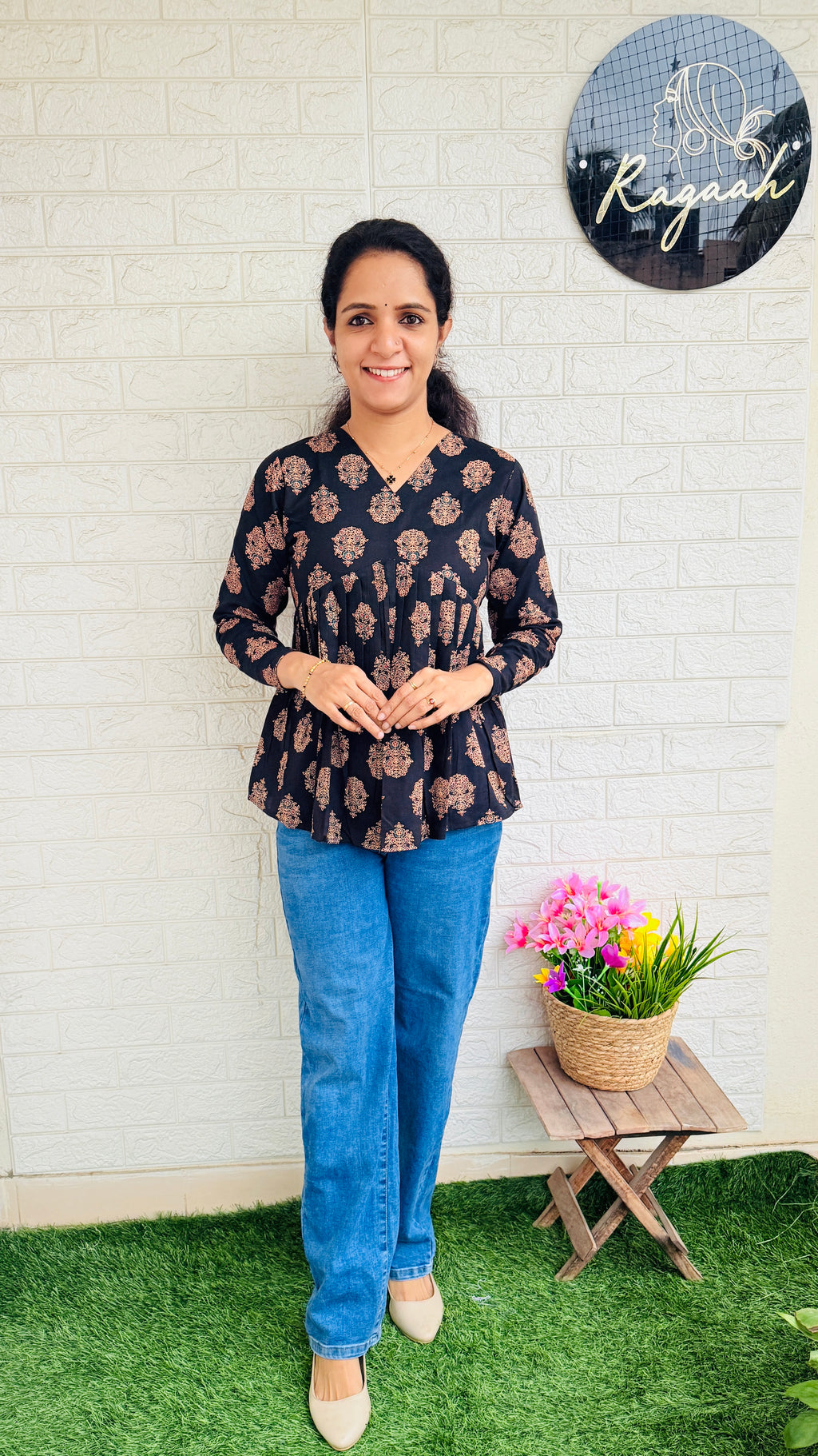 Printed Cotton Aliya Cut Full Sleeve Short Kurti RG849 Black