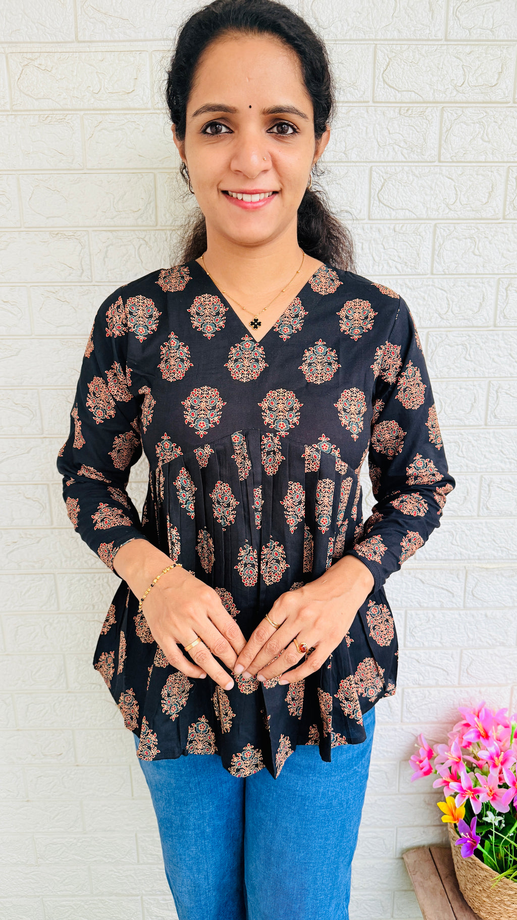 Printed Cotton Aliya Cut Full Sleeve Short Kurti RG849 Black