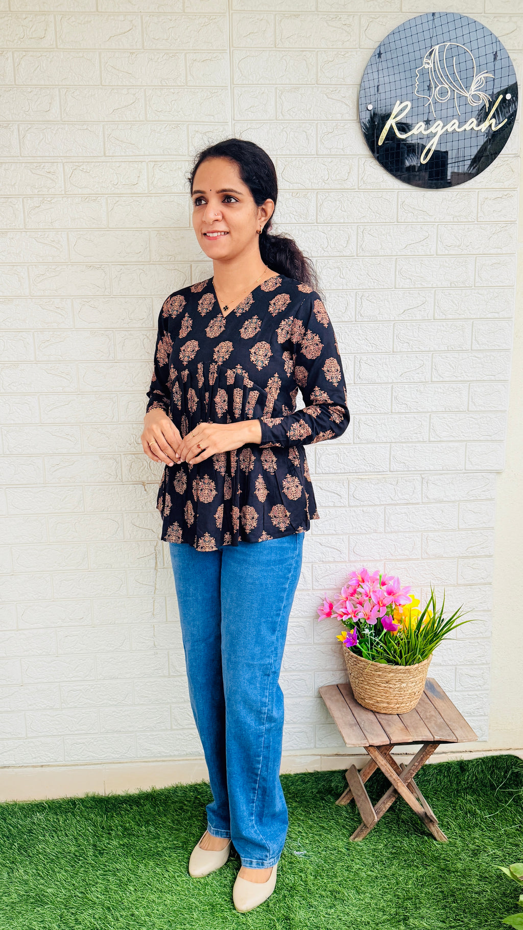 Printed Cotton Aliya Cut Full Sleeve Short Kurti RG849 Black