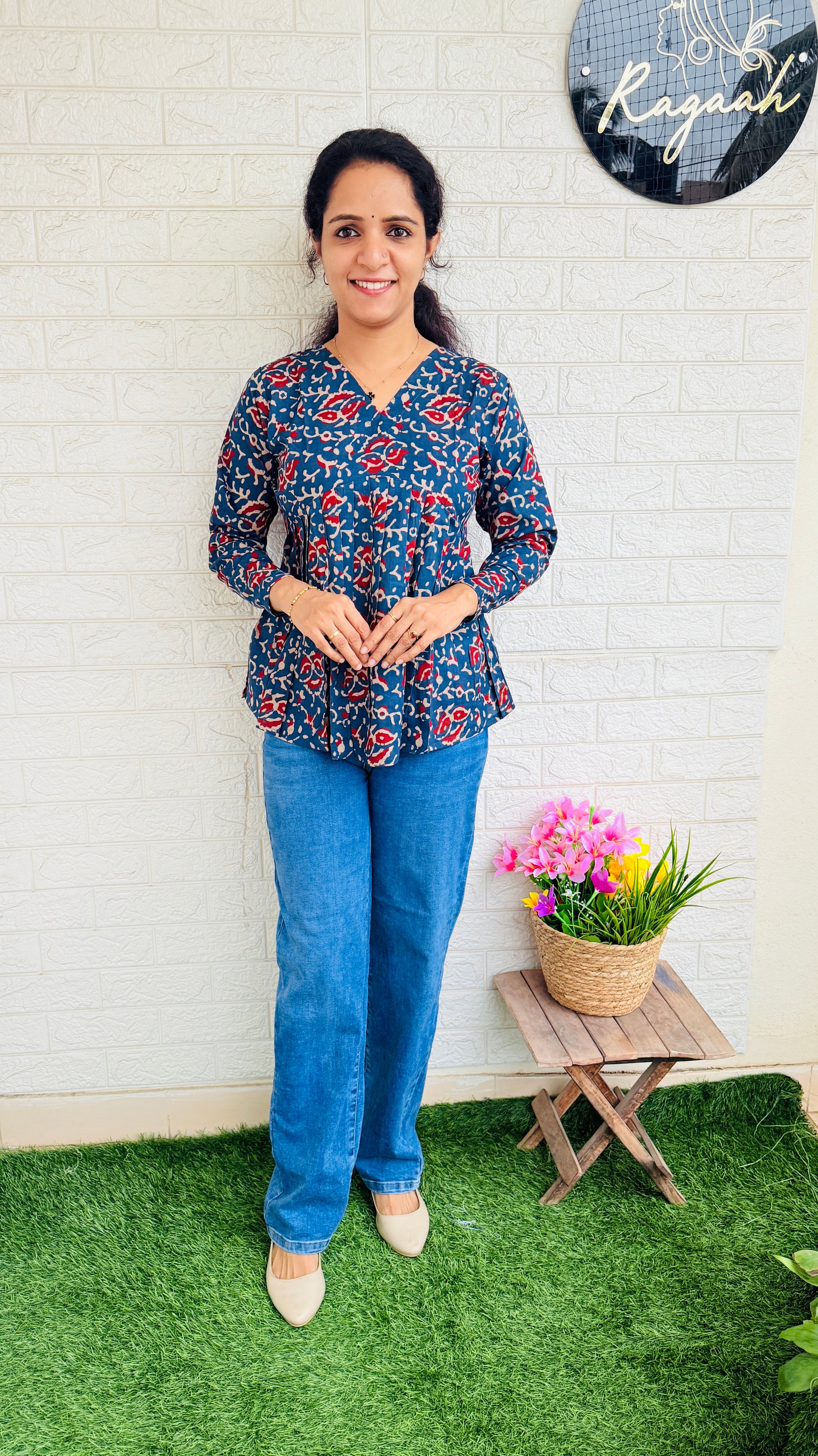 Printed Cotton Aliya Cut Full Sleeve Short Kurti RG850 Blue