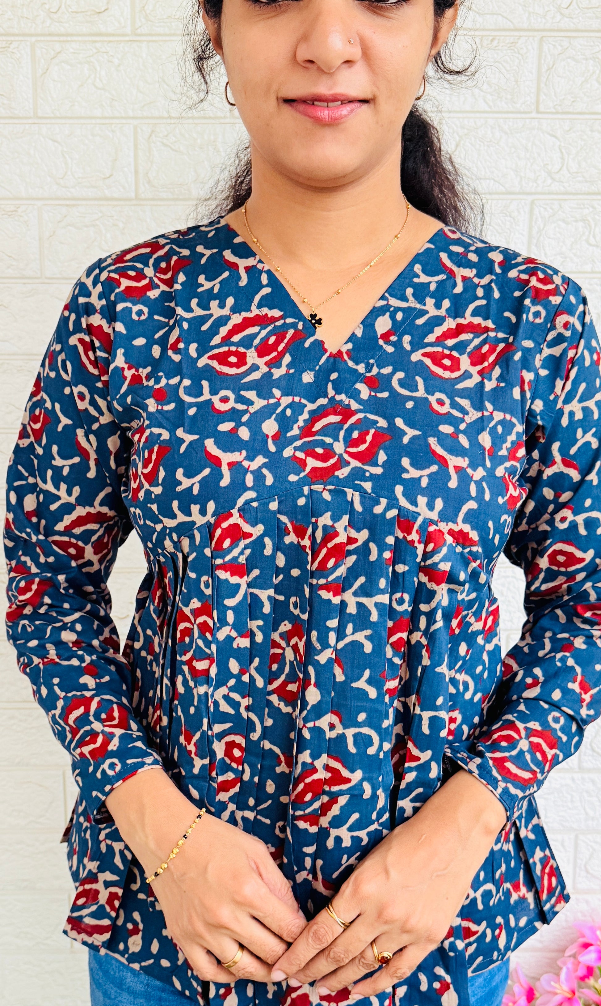 Printed Cotton Aliya Cut Full Sleeve Short Kurti RG850 Blue