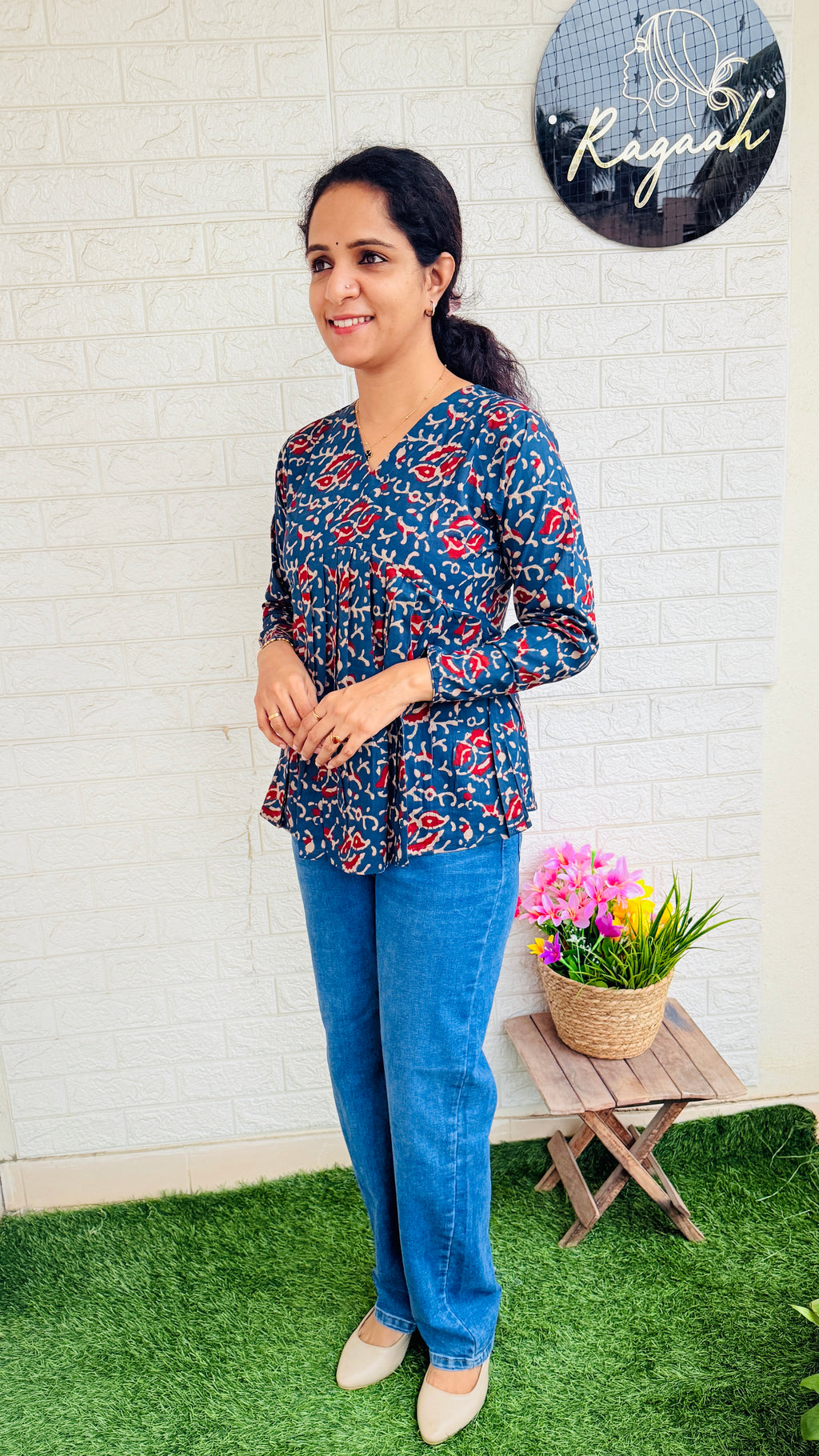 Printed Cotton Aliya Cut Full Sleeve Short Kurti RG850 Blue