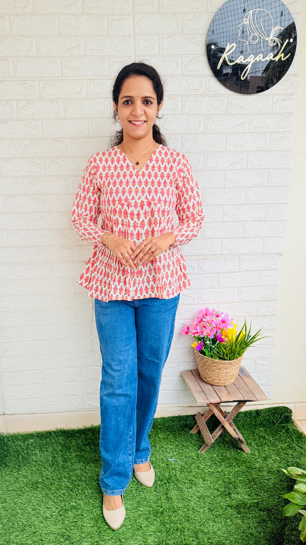 Printed Cotton Aliya Cut Full Sleeve Short Kurti RG852 White