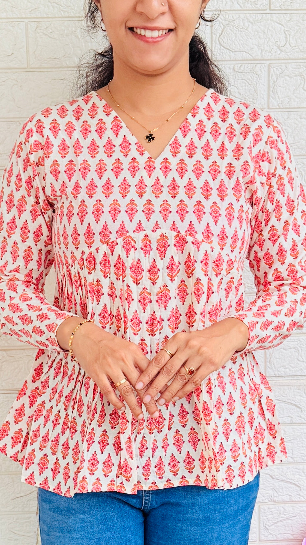 Printed Cotton Aliya Cut Full Sleeve Short Kurti RG852 White