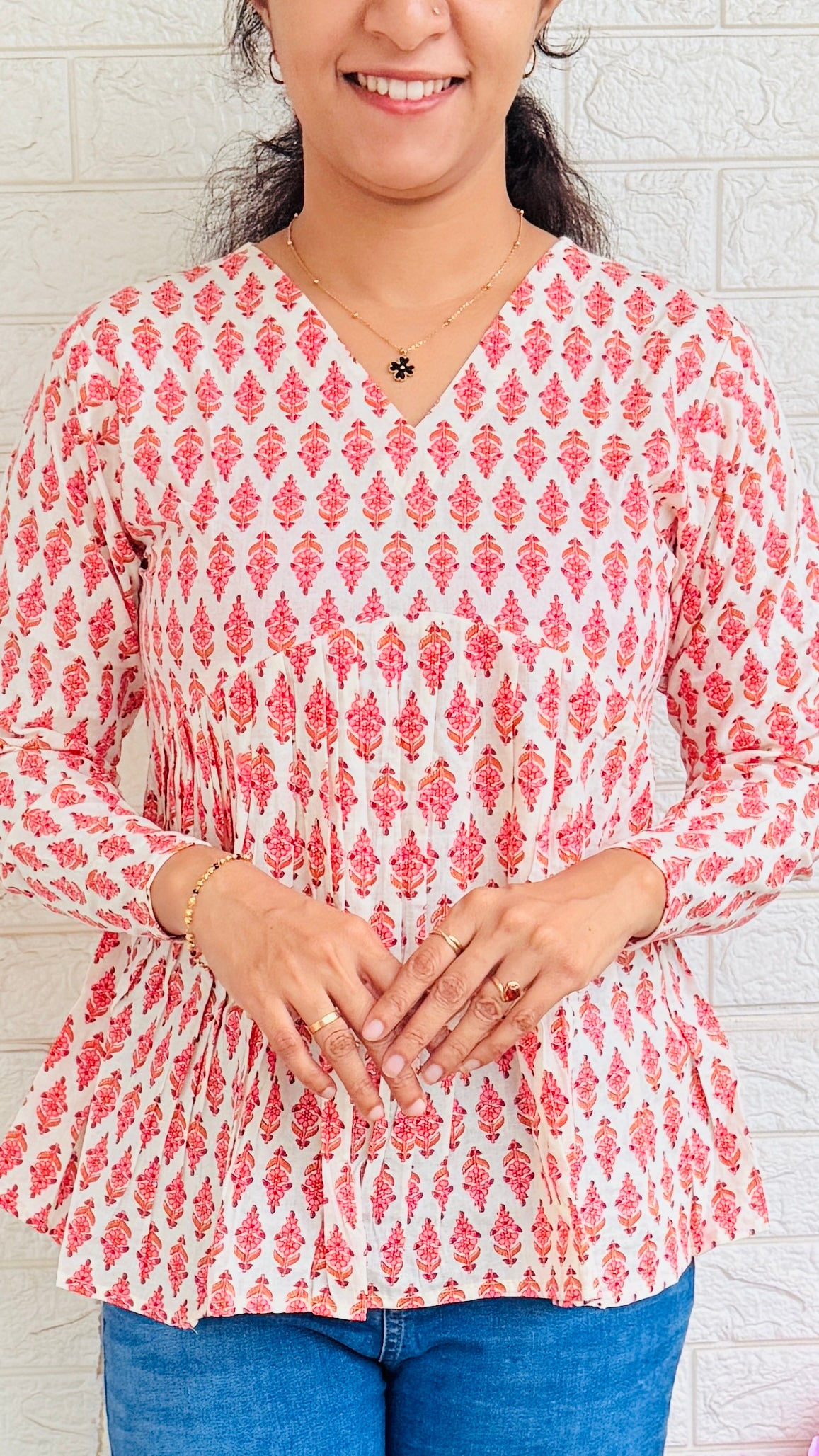 Printed Cotton Aliya Cut Full Sleeve Short Kurti RG852 White