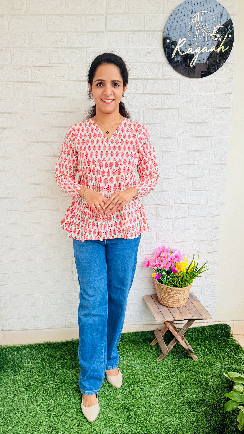 Printed Cotton Aliya Cut Full Sleeve Short Kurti RG852 White