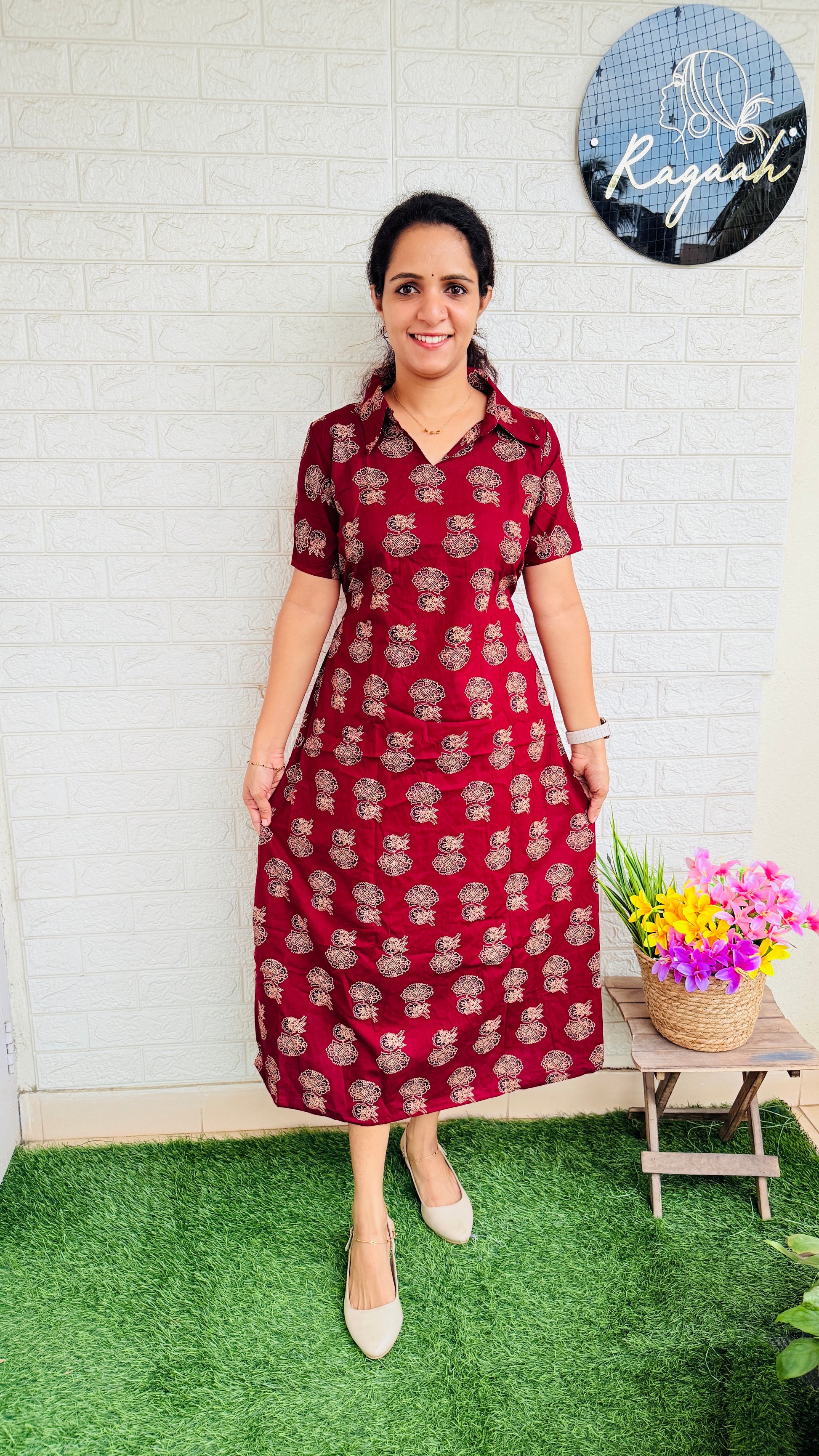 Ajrakh cotton collar frock RG854 Maroon