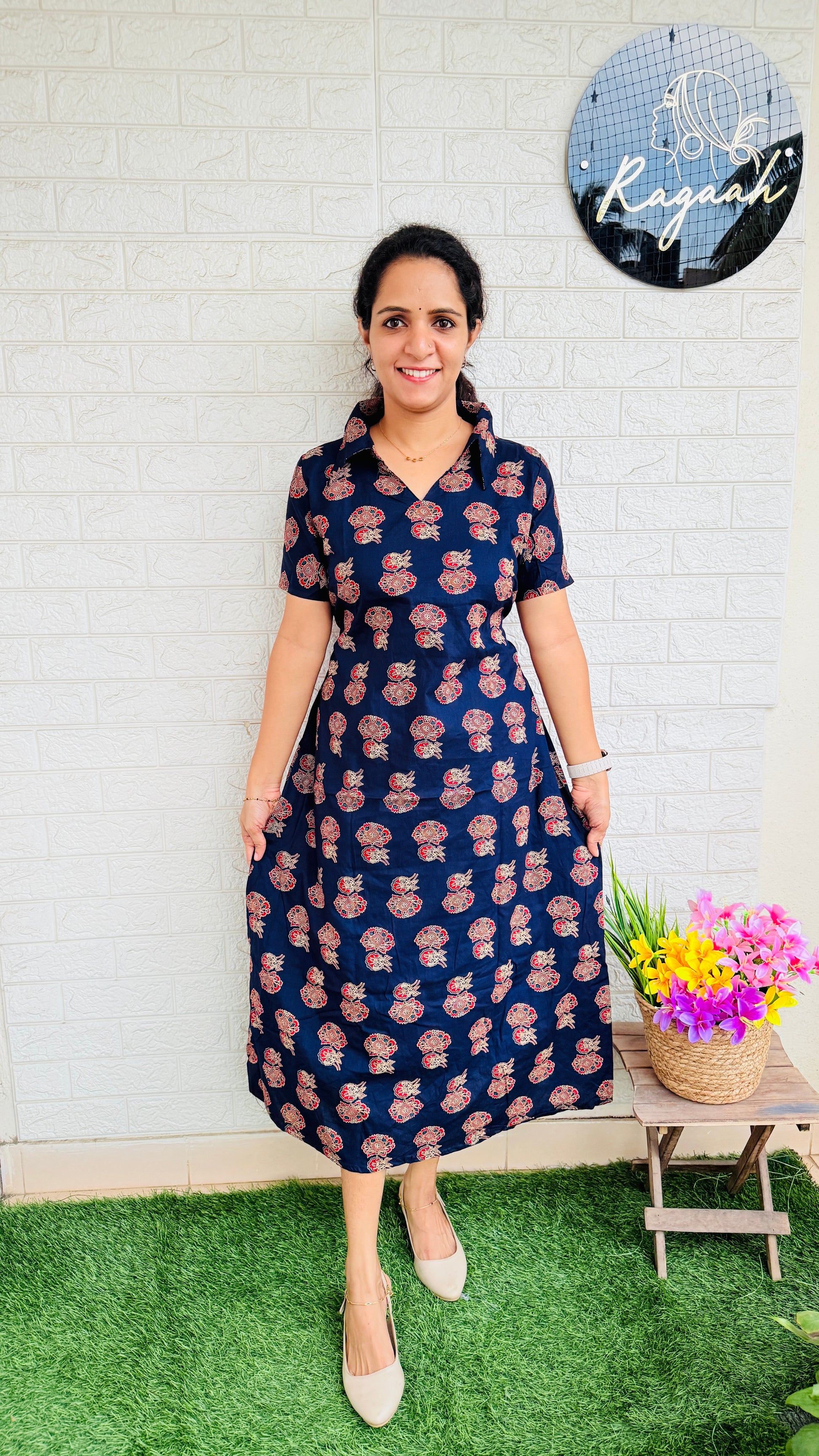 Ajrakh cotton collar frock RG854 Blue