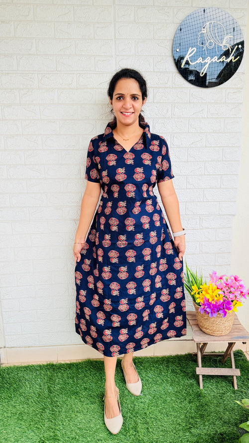 Ajrakh cotton collar frock RG854 Blue