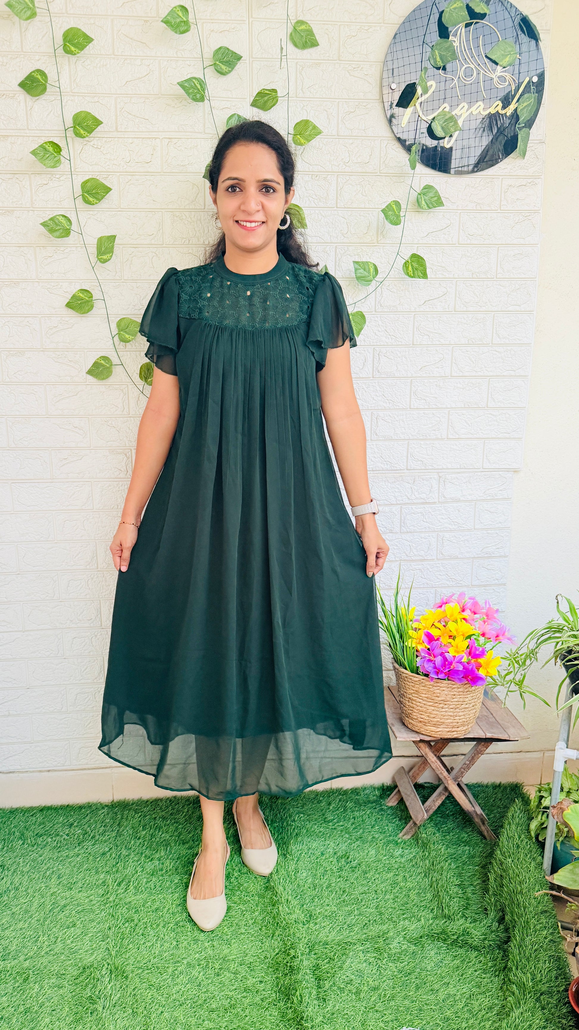 Bottle Green Georgette Pleated Kurti RG869