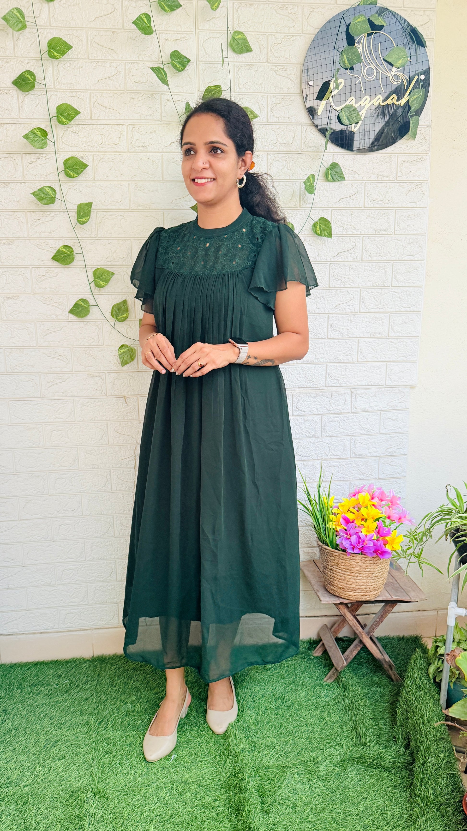 Bottle Green Georgette Pleated Kurti RG869