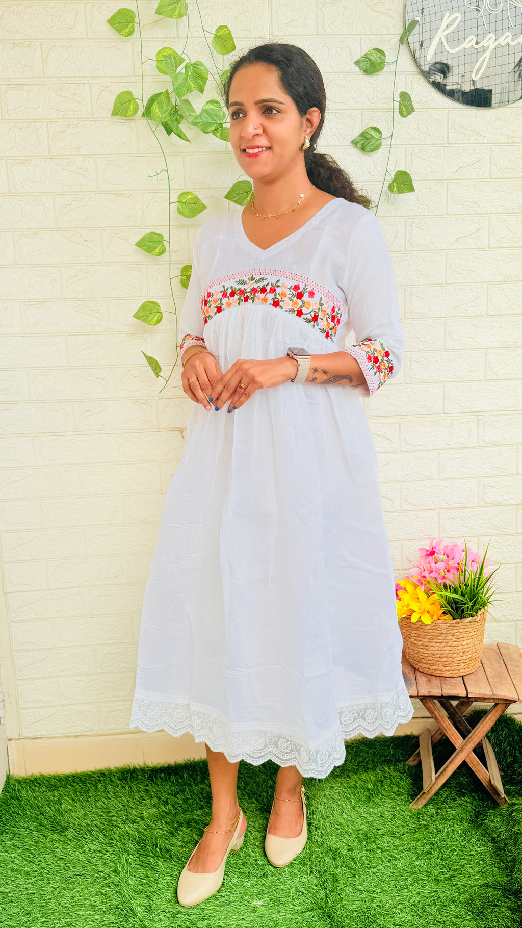 White Mul Chandheri Embroidery Frock RG873