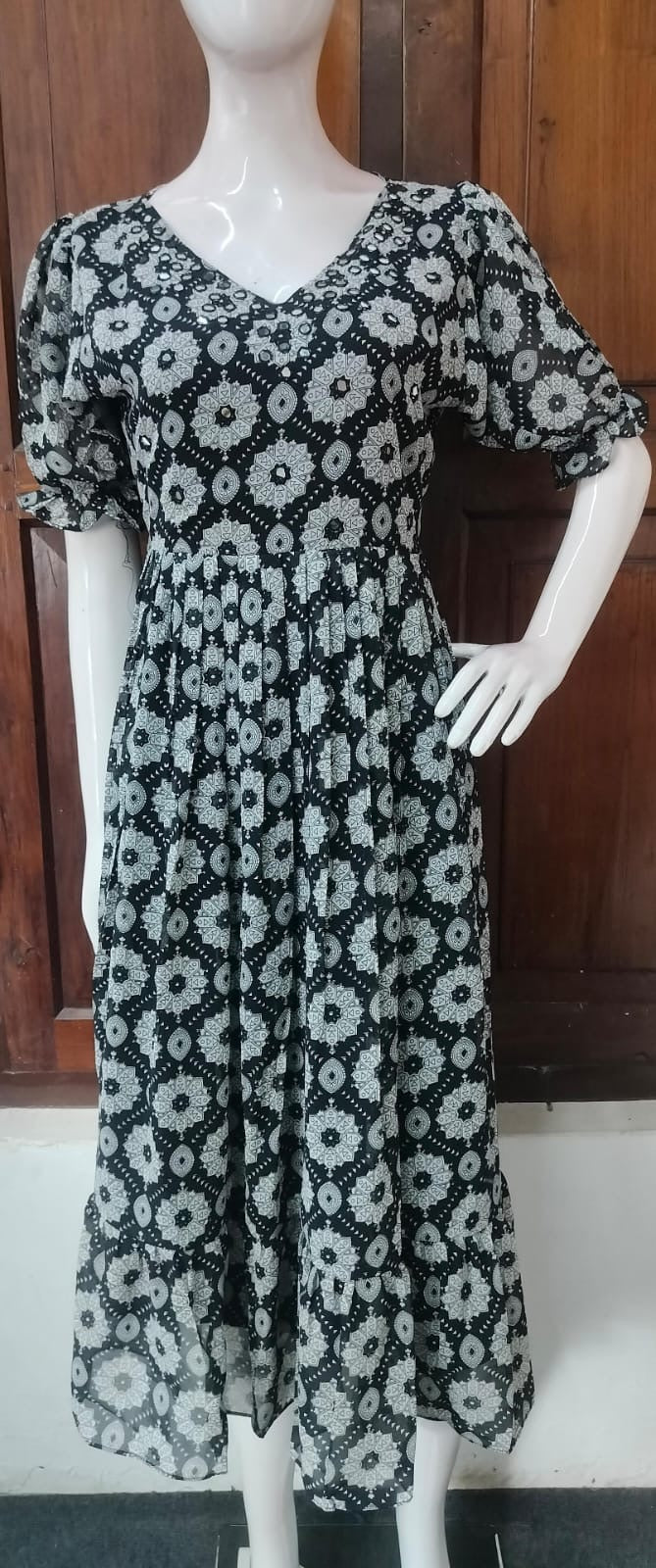 Beautiful floral frock with puff sleeves with mirror work Black RG710