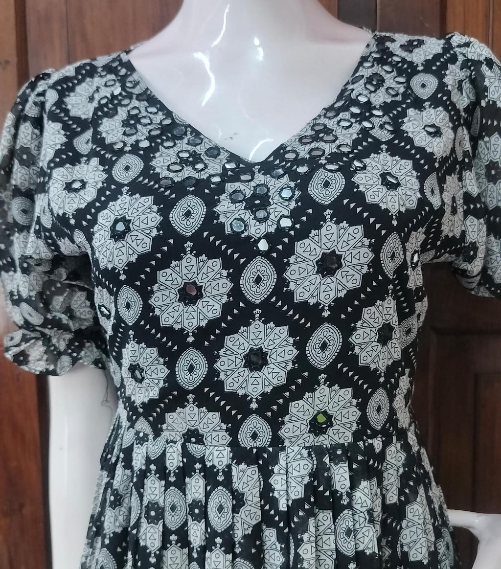 Beautiful floral frock with puff sleeves with mirror work Black RG710